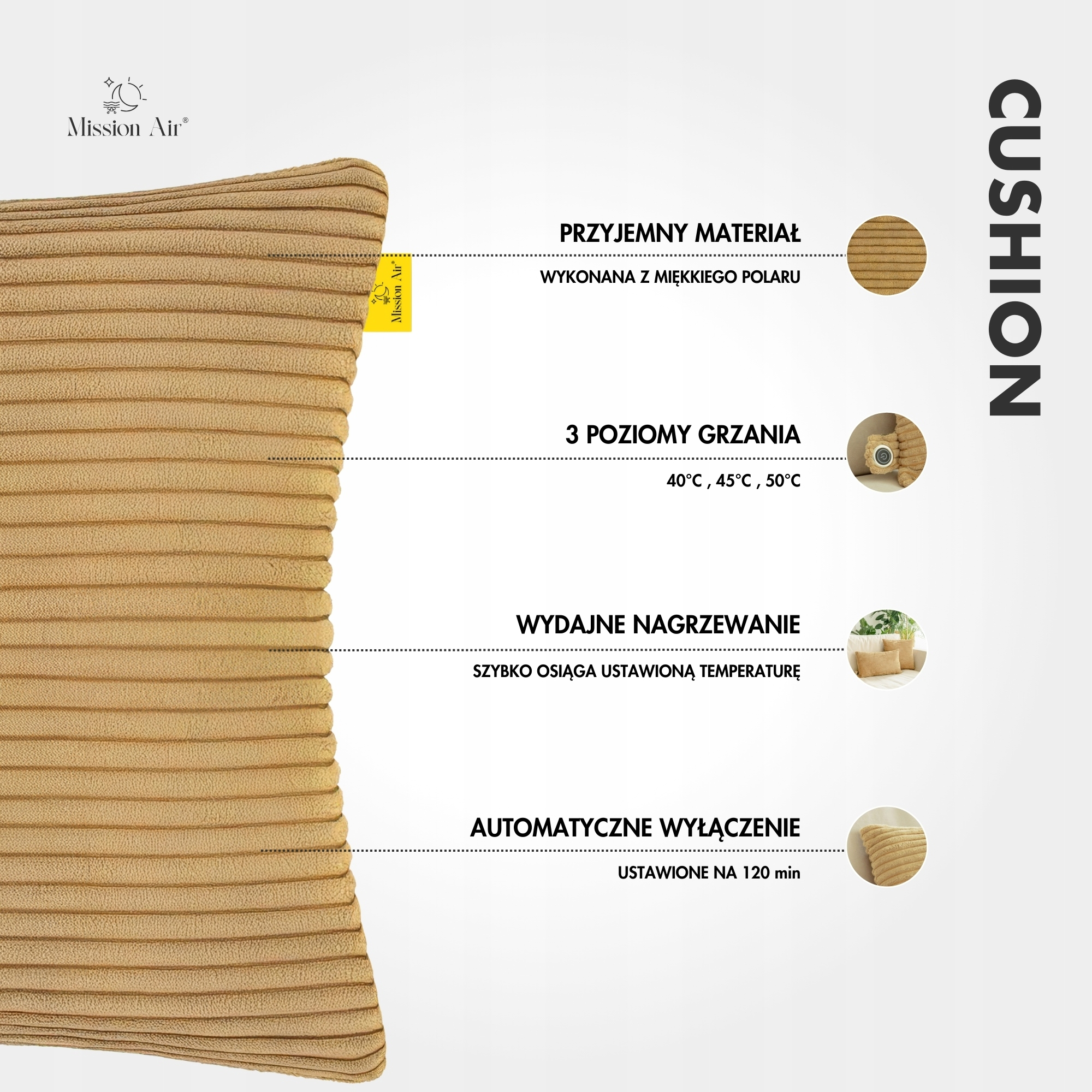 Pokazano beżową poduszkę z tekstem opisującym jej cechy: miękki materiał, poziomy grzania i automatyczne wyłączanie.
