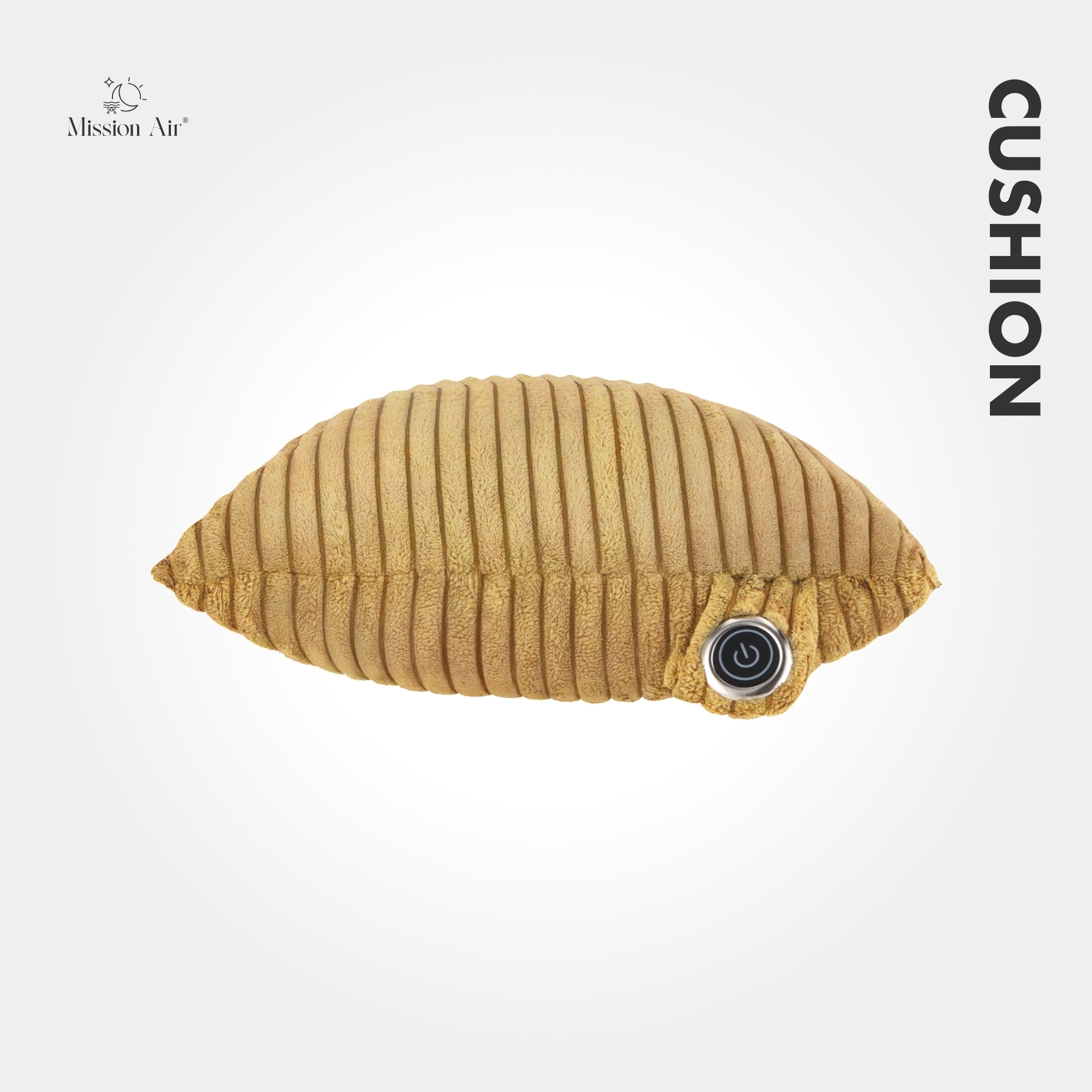 Sznurkowy beżowy poduszek z przyciskiem zasilania na białym tle. Słowo 'CUSHION' jest napisane po prawej stronie.