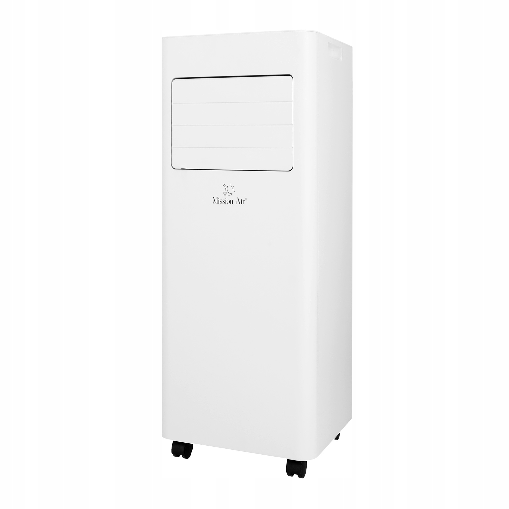 Biała chłodziarka powietrza Mission Air. Posiada poziome żaluzje z przodu i kółka na dole. Tło jest białe.