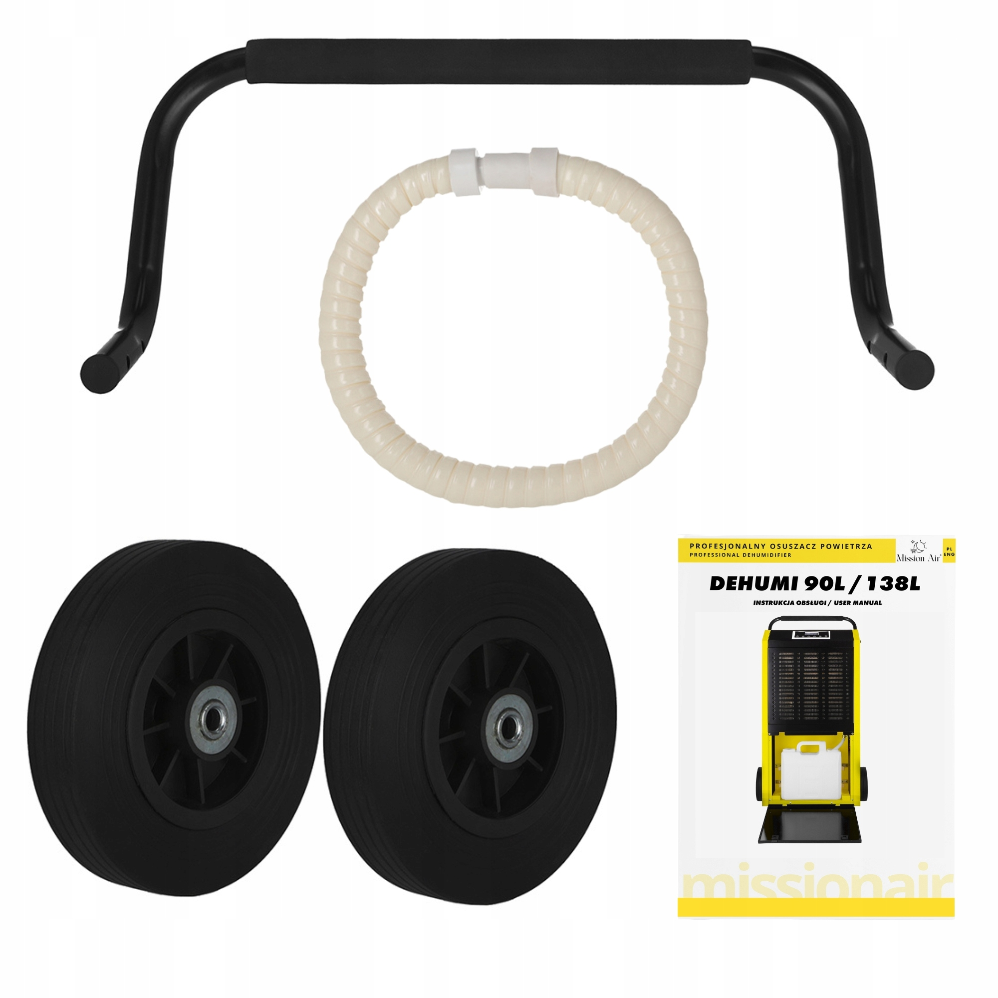 Części osuszacza: czarny uchwyt, beżowy wąż, dwa czarne koła i instrukcja obsługi.