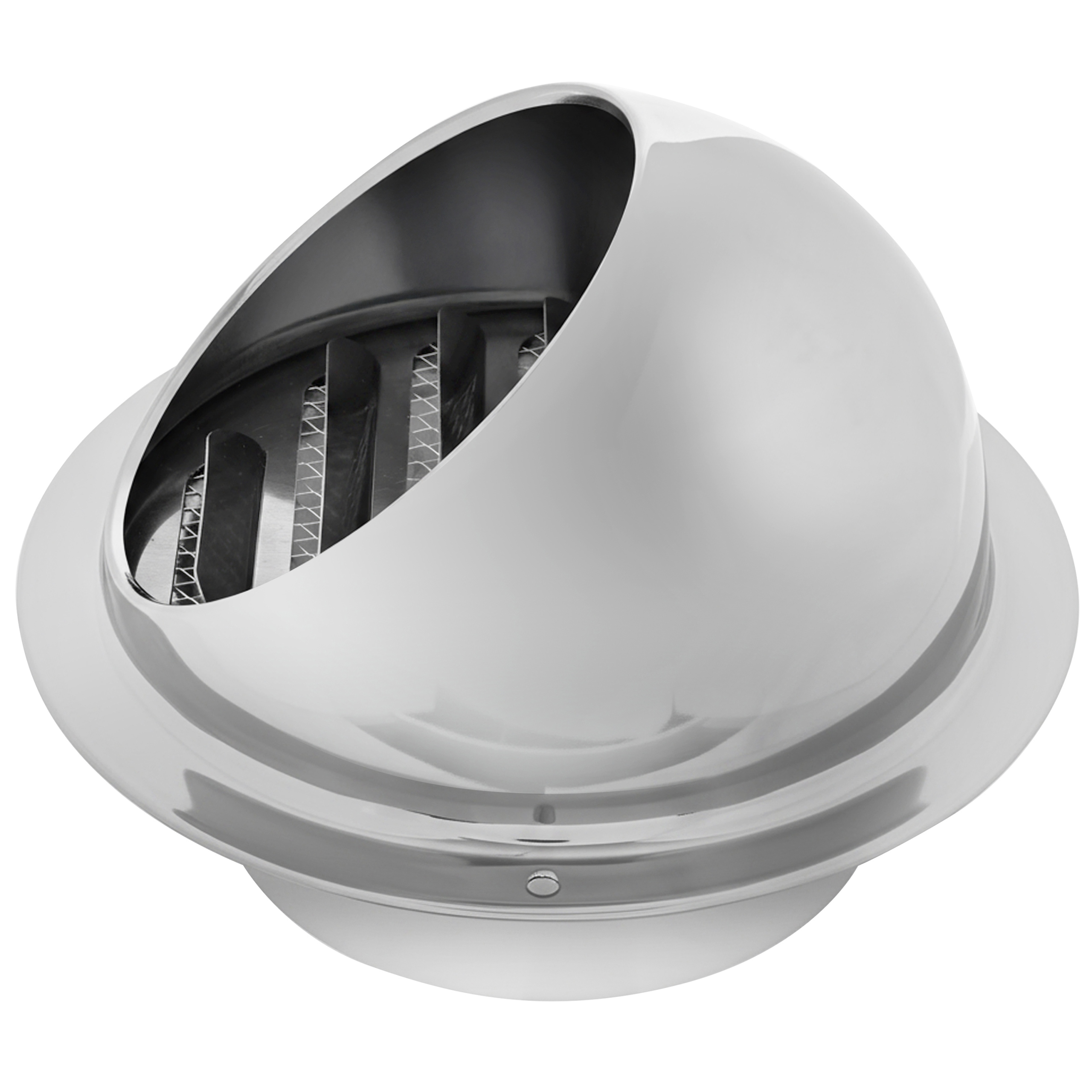 Błyszczący, metalowy odpowietrznik. Ma zaokrągloną górę z wewnętrznymi żebrami. Podstawa jest okrągła i biała.