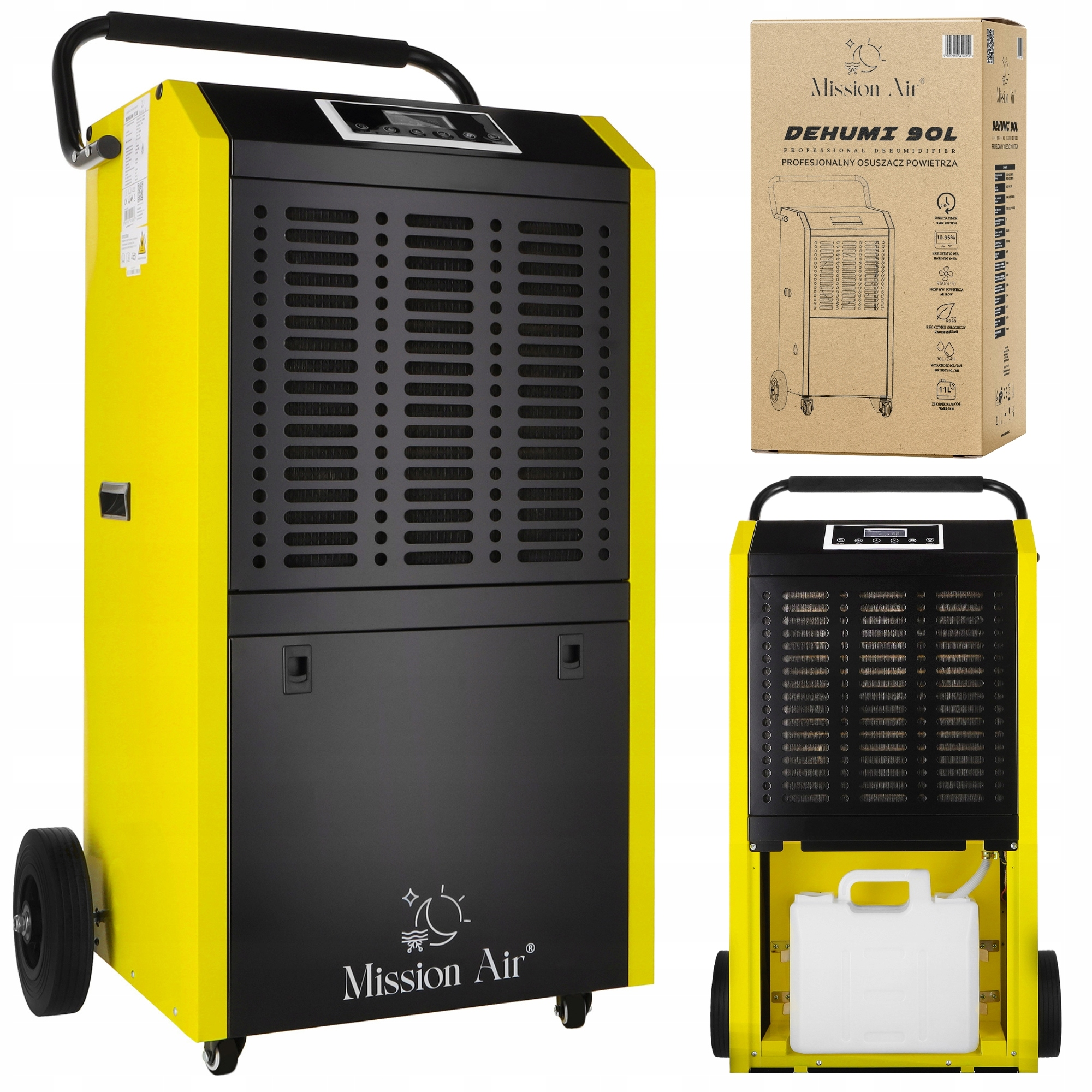 Żółto-czarny osuszacz powietrza z pudełkiem po prawej stronie. Ma kółka i uchwyt.