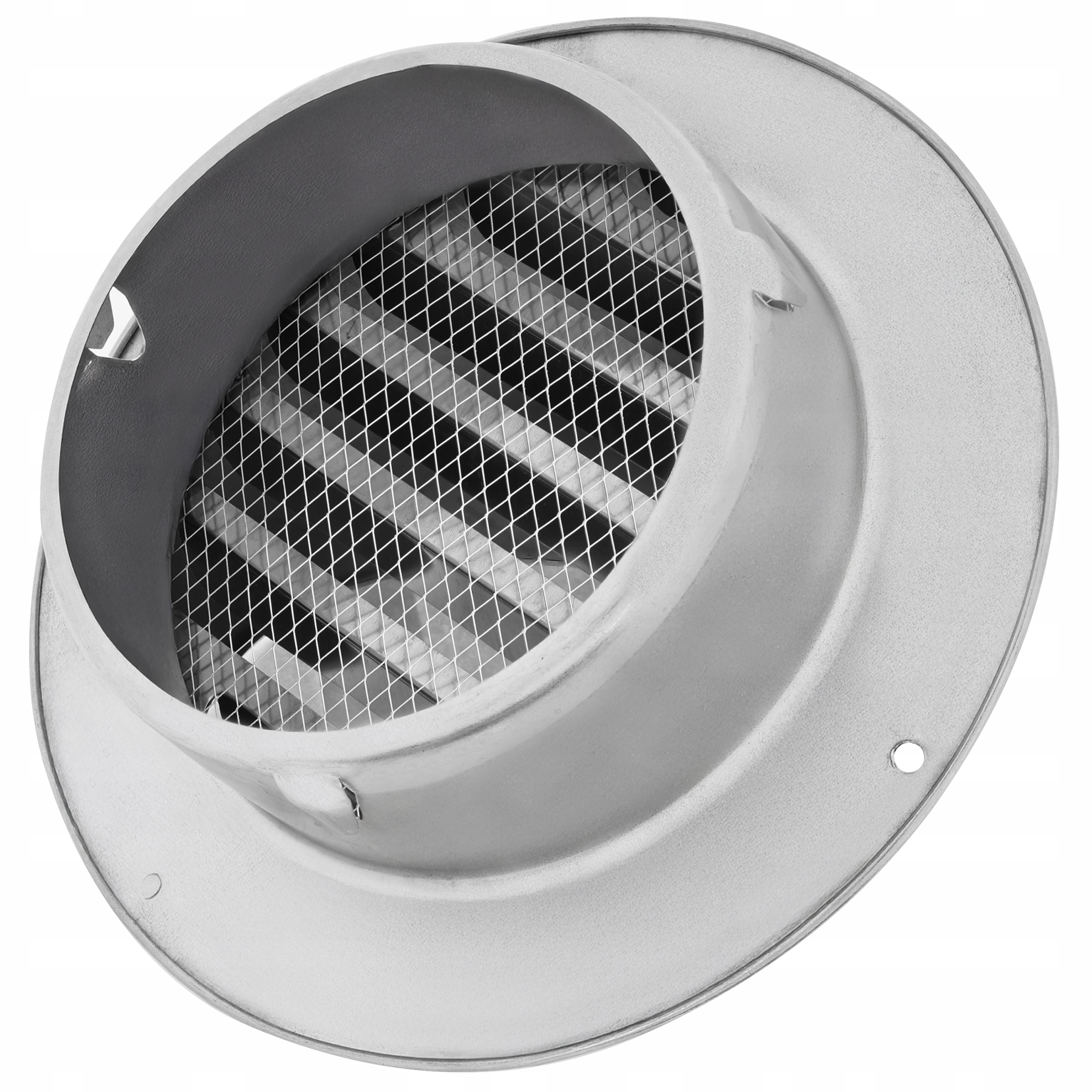 Metalowa osłona wentylacyjna z siatką. Jest srebrna i ma okrągły kształt z płaskim obramowaniem.