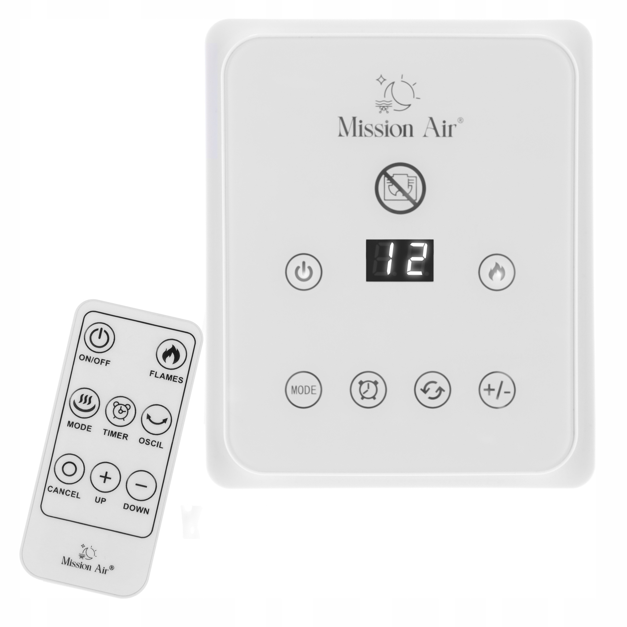 Biały panel sterowania powietrzem z pilotem. Panel ma wyświetlacz i przyciski. Pilot ma przyciski włącz/wyłącz, płomienie, tryb.