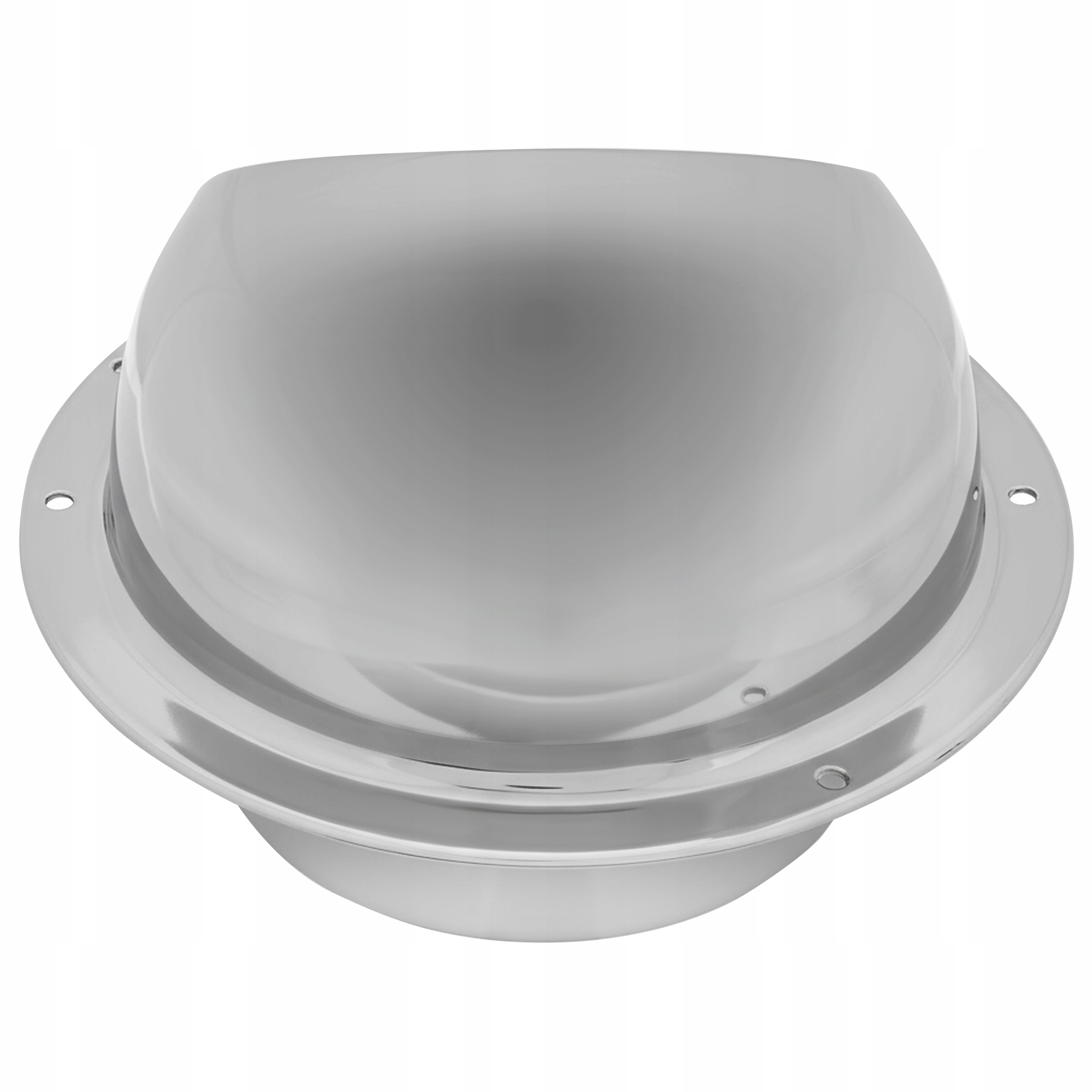 Błyszczący, srebrny, półkulisty obiekt z okrągłą podstawą. Ma gładką powierzchnię i prawdopodobnie metal.