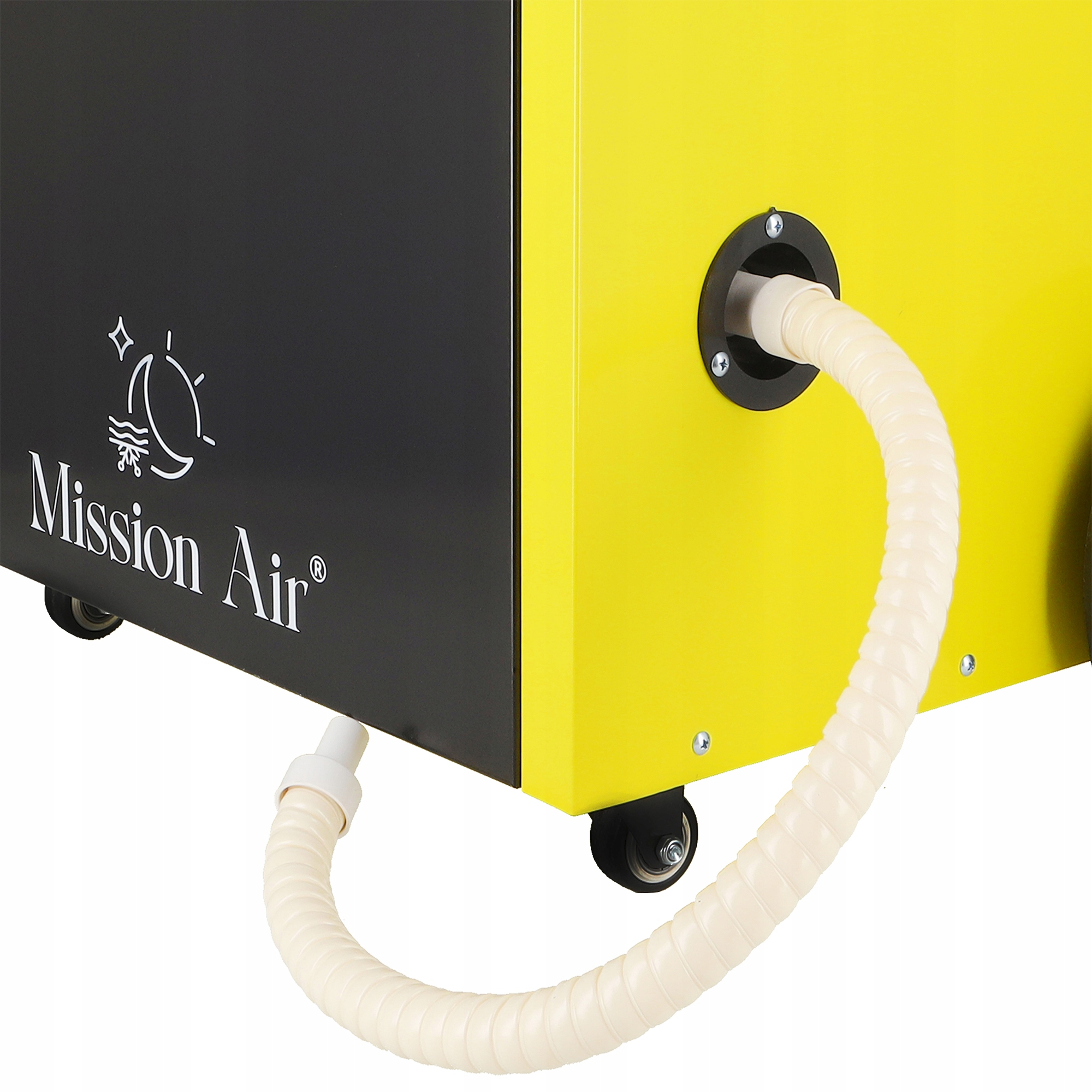 Żółto-czarna maszyna z białym wężem i napisem 'Mission Air'.