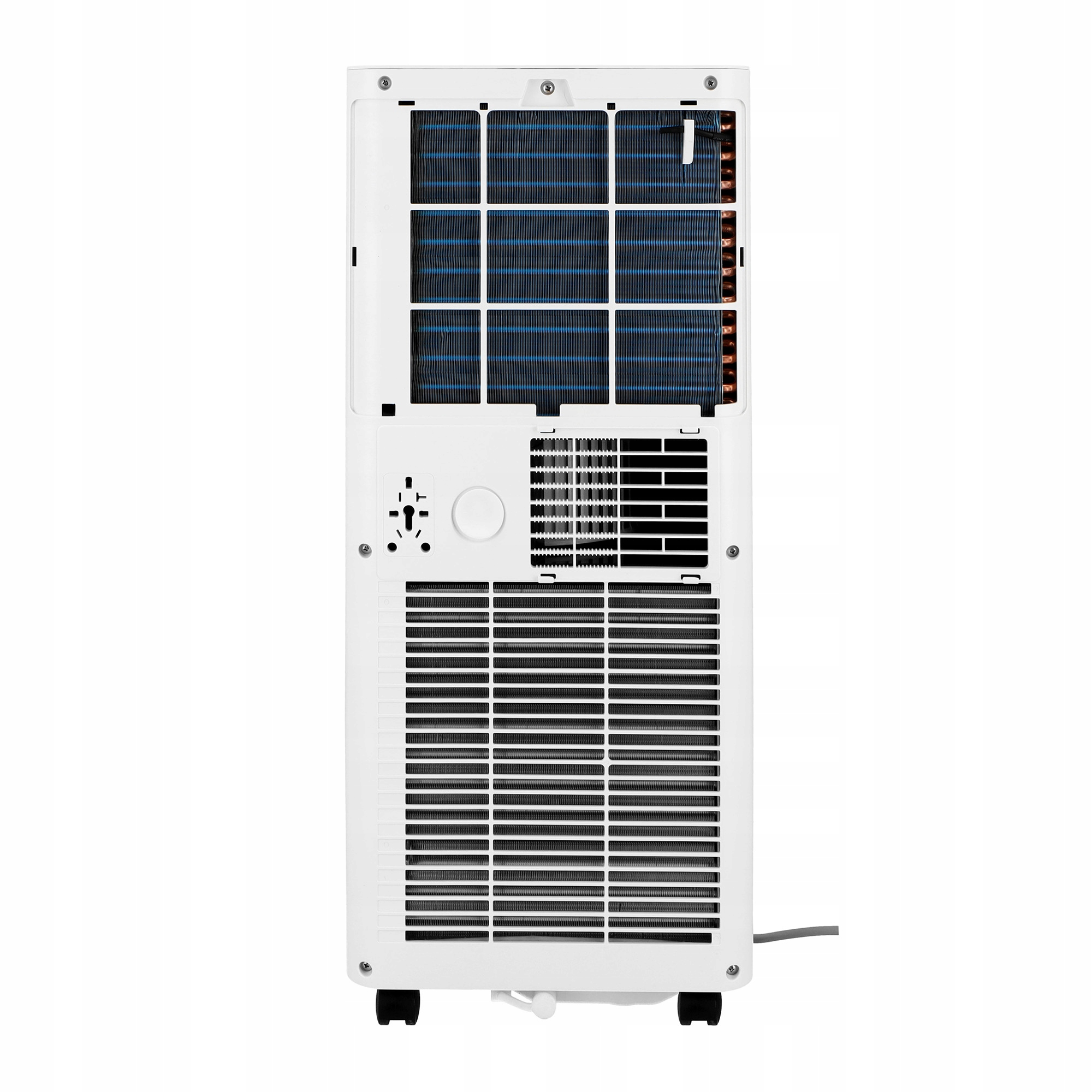 Widok z tyłu białego klimatyzatora. Ma otwory wentylacyjne, panel sterowania i przewód zasilający. Tło jest białe.