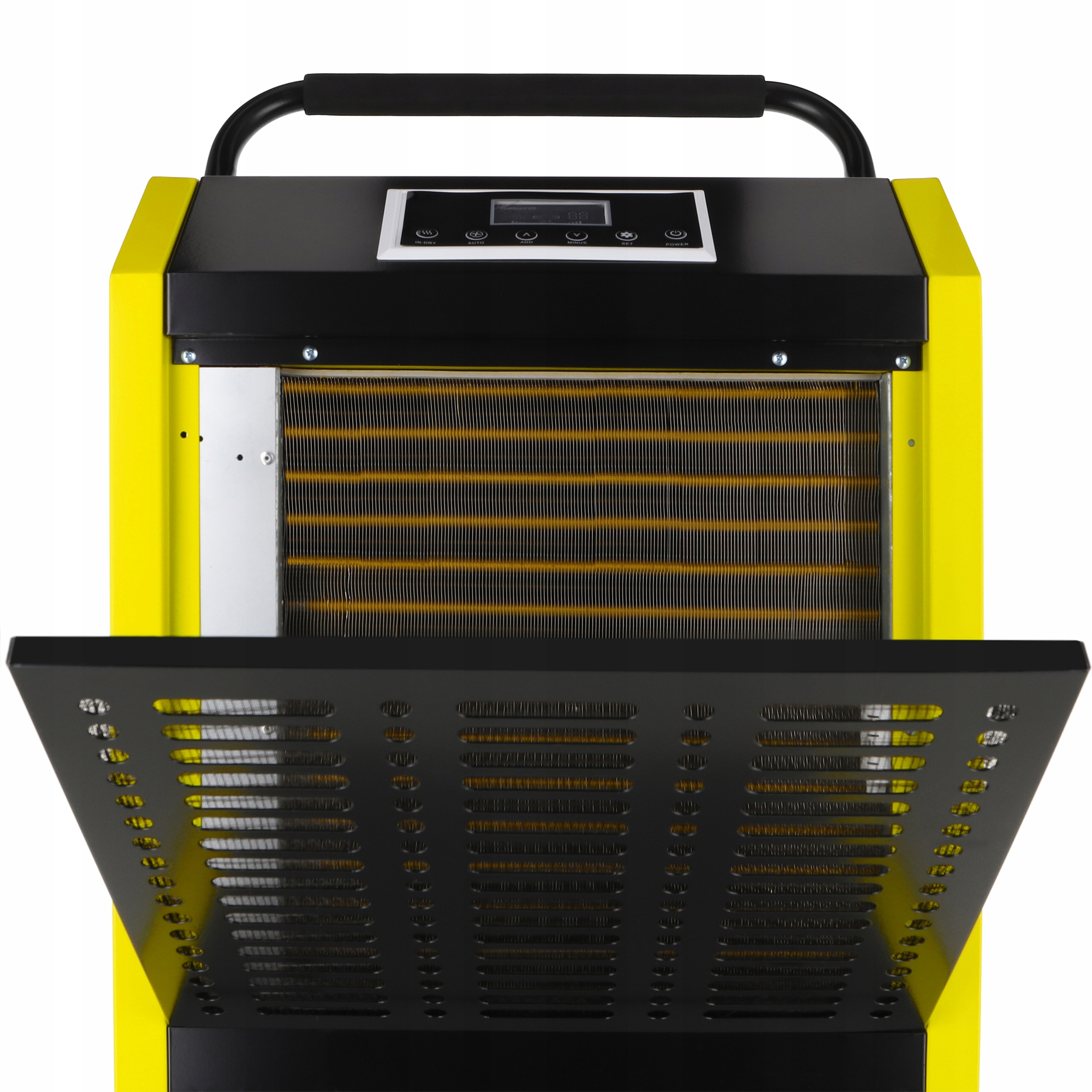 Żółto-czarny osuszacz z otwartą przednią pokrywą. Cyfrowy wyświetlacz na górze. Uchwyt na górze. Metalowa kratka w środku.