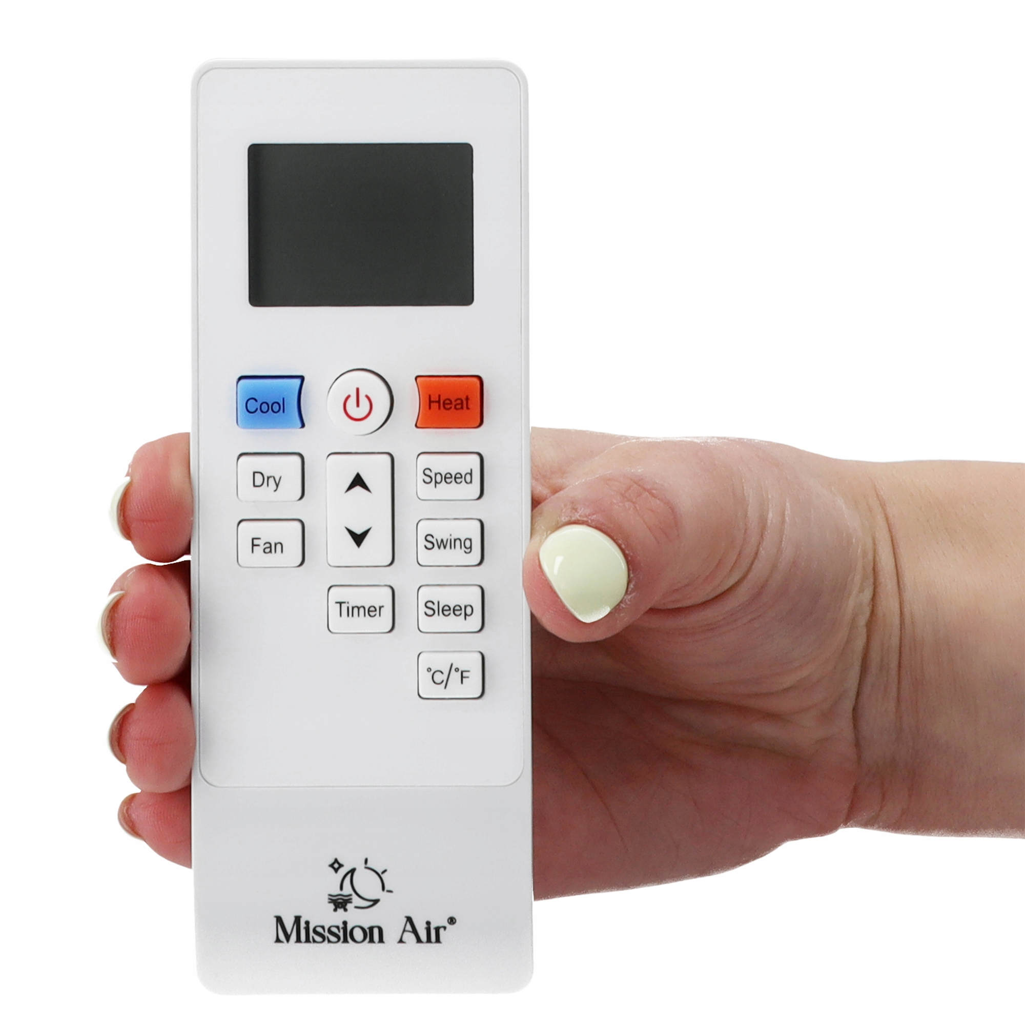 Dłoń trzyma biały pilot do klimatyzacji z przyciskami do chłodzenia, ogrzewania, wentylatora i timera.