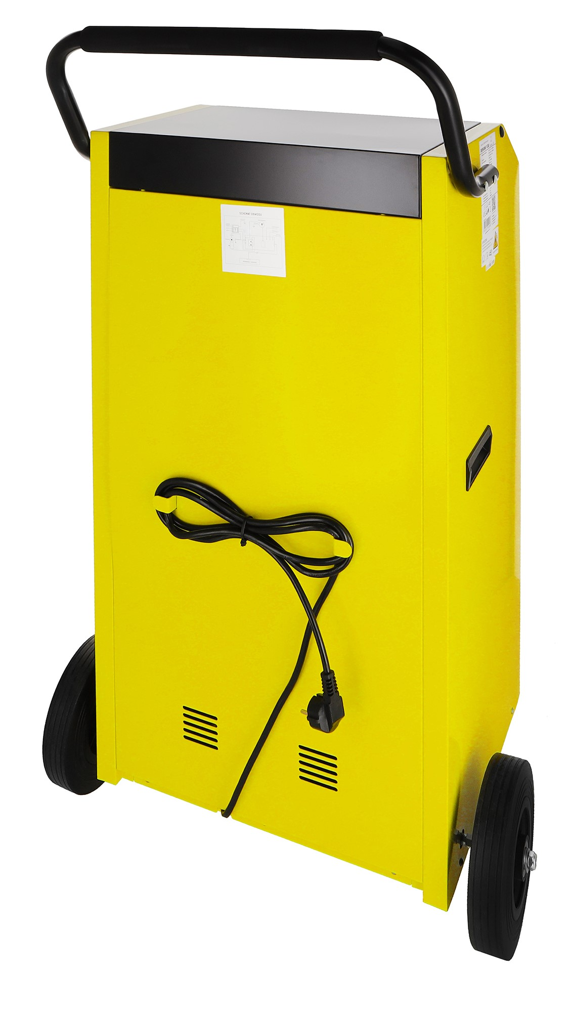 Żółty osuszacz z czarnymi kołami i uchwytem. Czarny przewód zasilający jest przymocowany z tyłu. Są otwory wentylacyjne.
