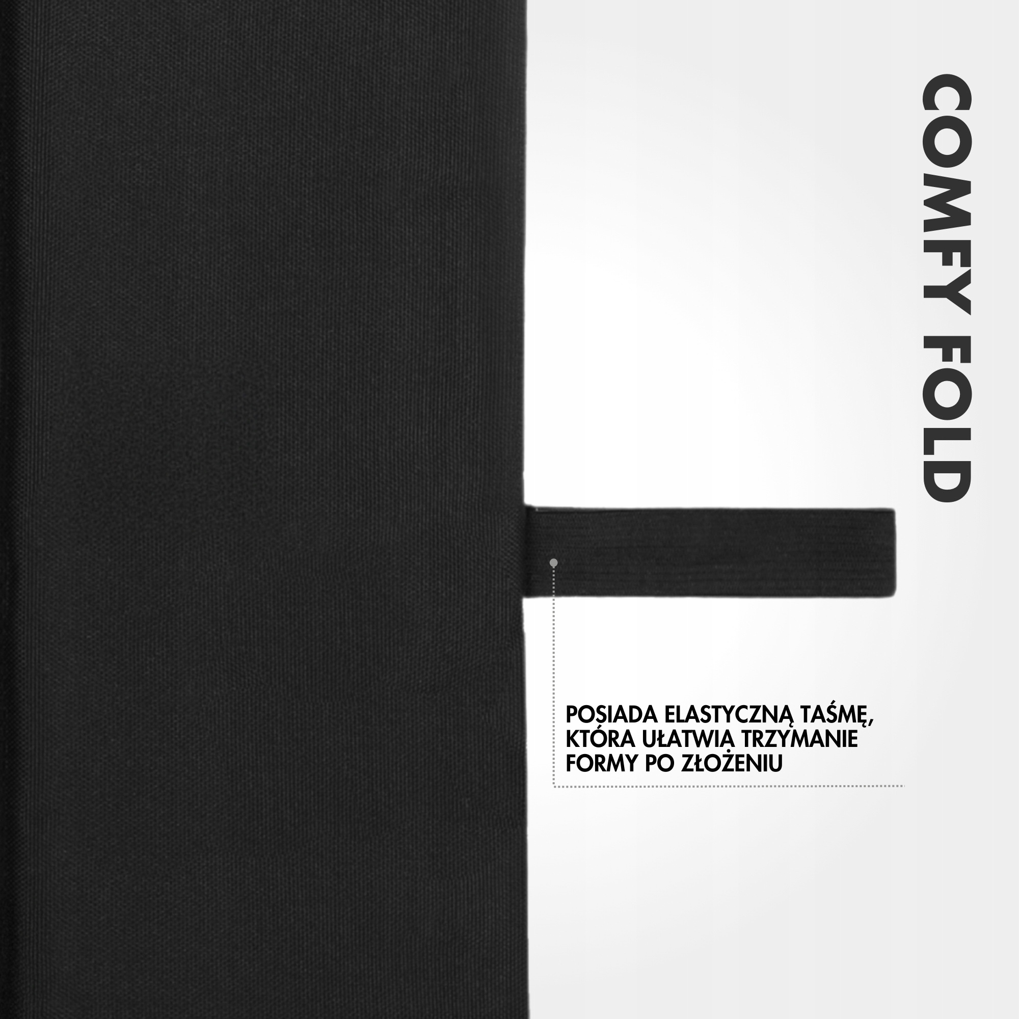 Czarny materiał z elastyczną taśmą. Tekst 'COMFY FOLD' po prawej. Białe tło i tekst po polsku.