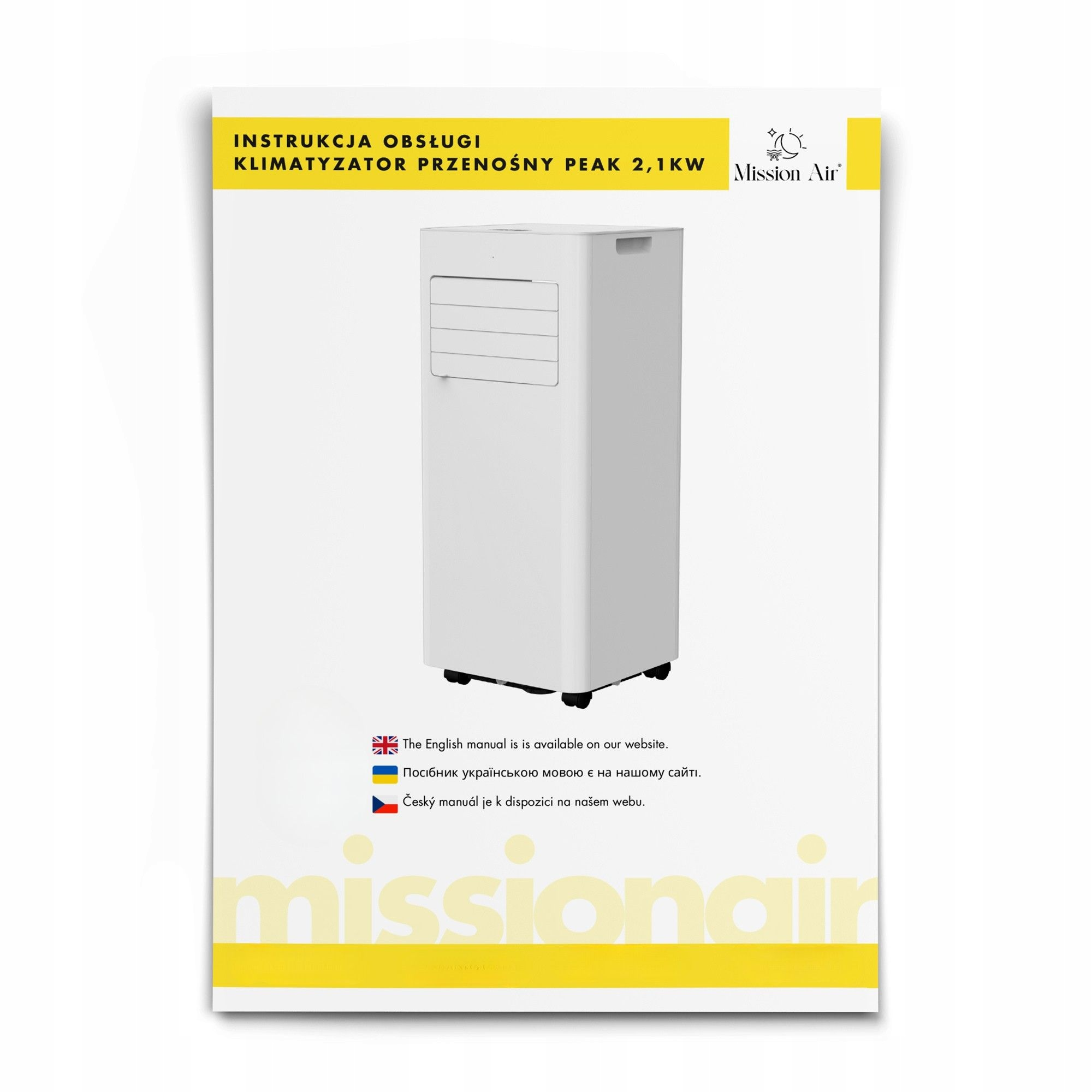 Biały klimatyzator na białym tle. Tekst po polsku i angielsku. Nazwa marki to Mission Air.
