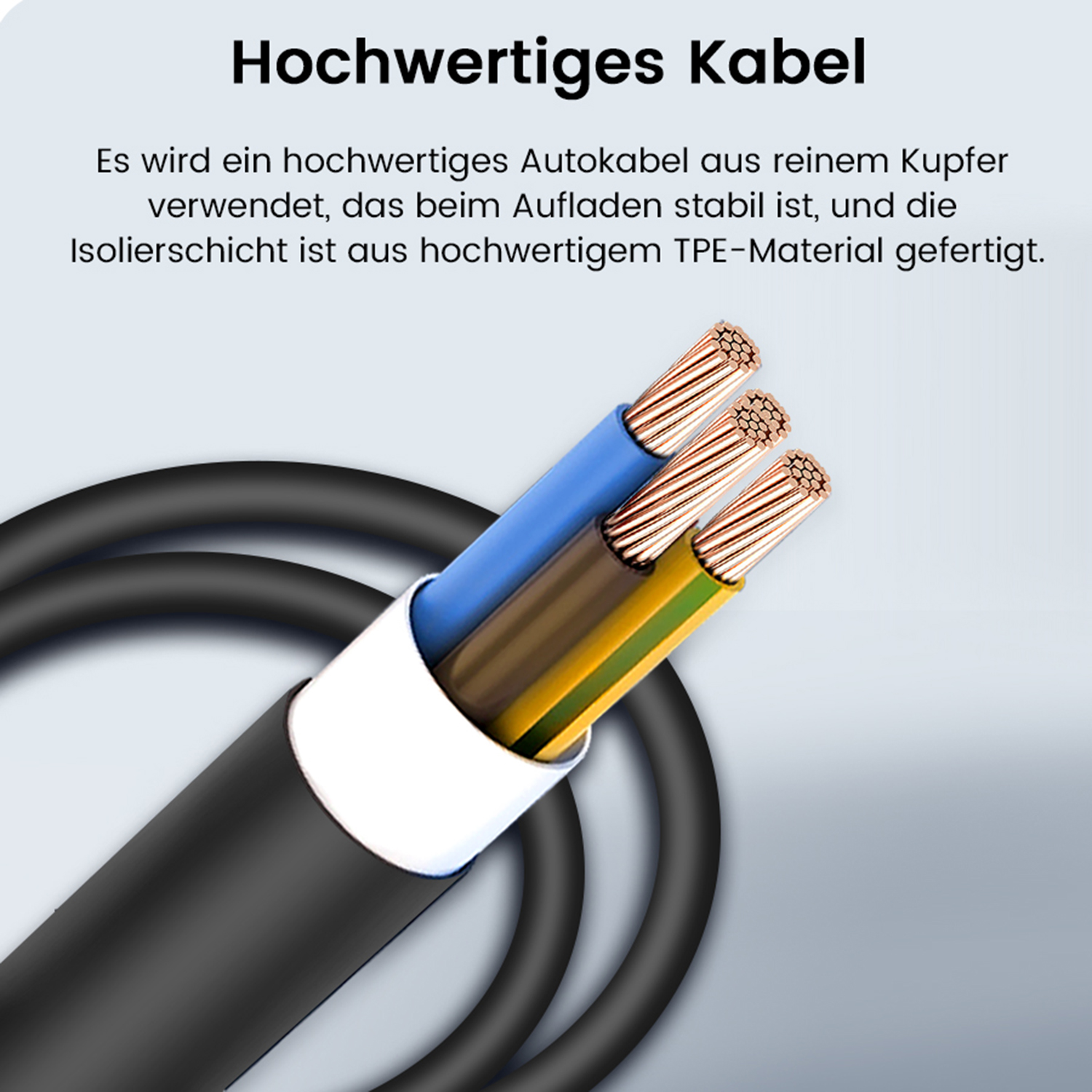 Nahaufnahme eines Kabels mit mehreren farbigen Drähten. Das Kabel ist schwarz und die Drähte sind blau, braun und gelb.