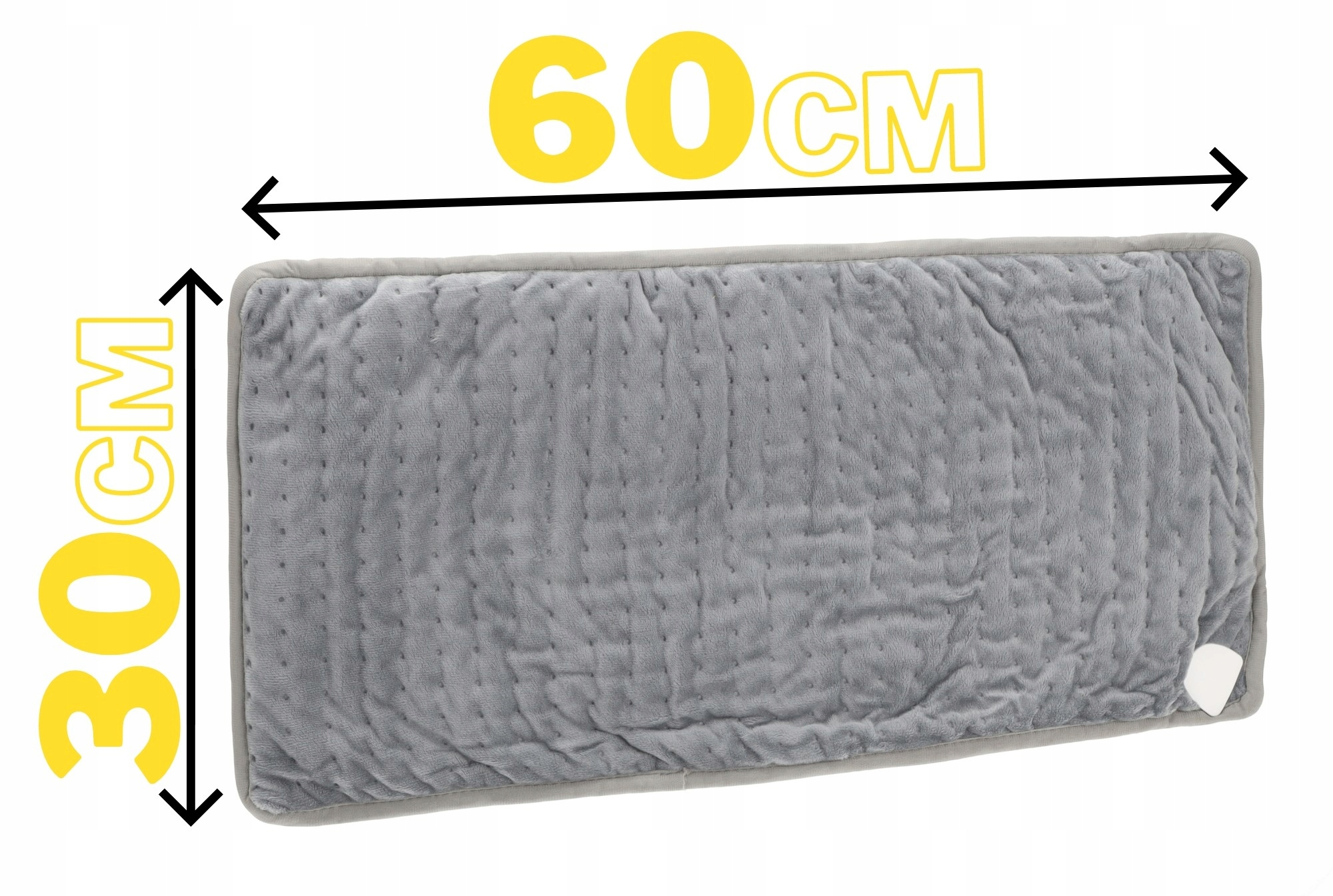 Szara prostokątna podkładka grzewcza o wymiarach 60 cm x 30 cm. Podkładka ma teksturowaną powierzchnię i białą metkę.