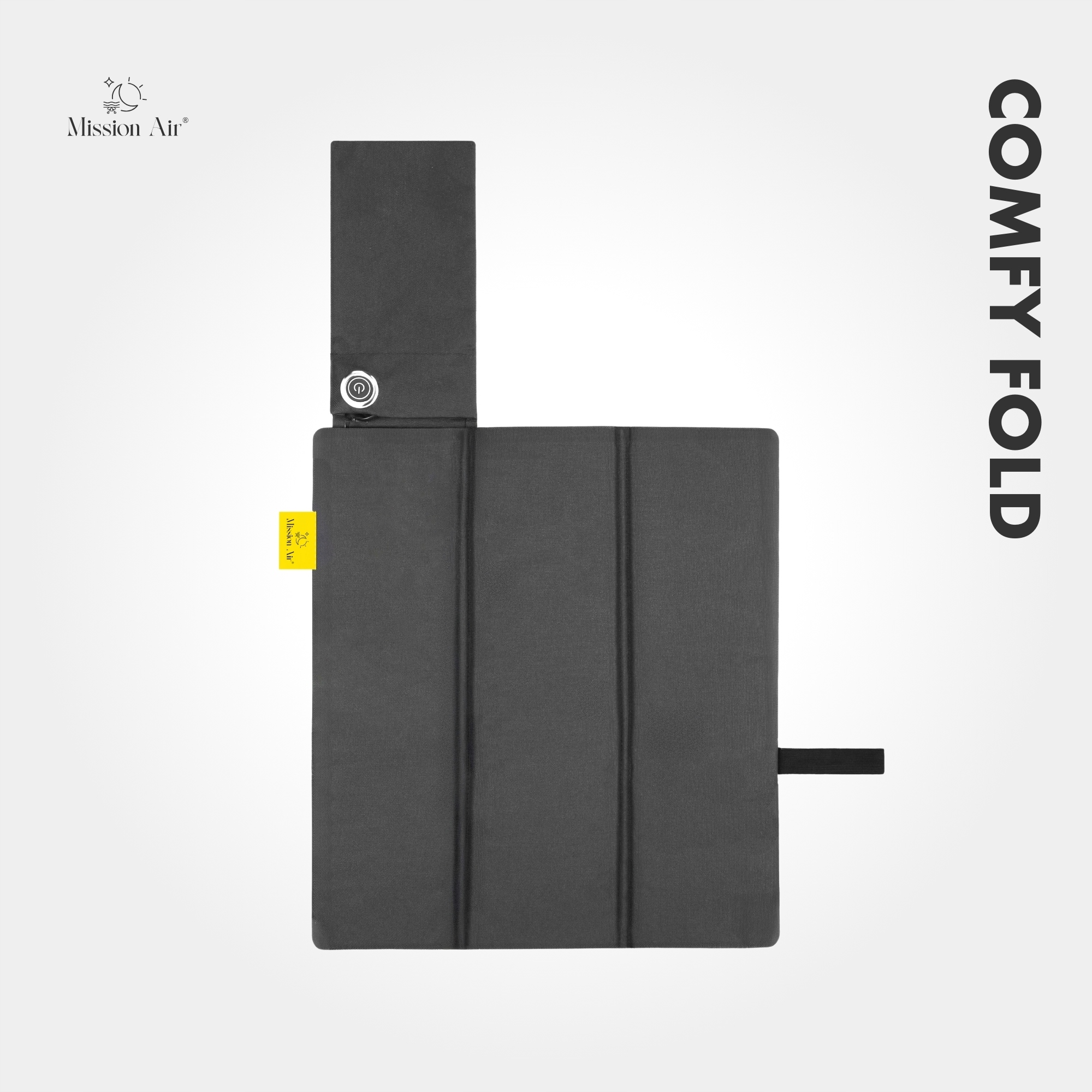 Ciemnoszary, składany produkt z logo Mission Air i napisem 'COMFY FOLD' na białym tle.