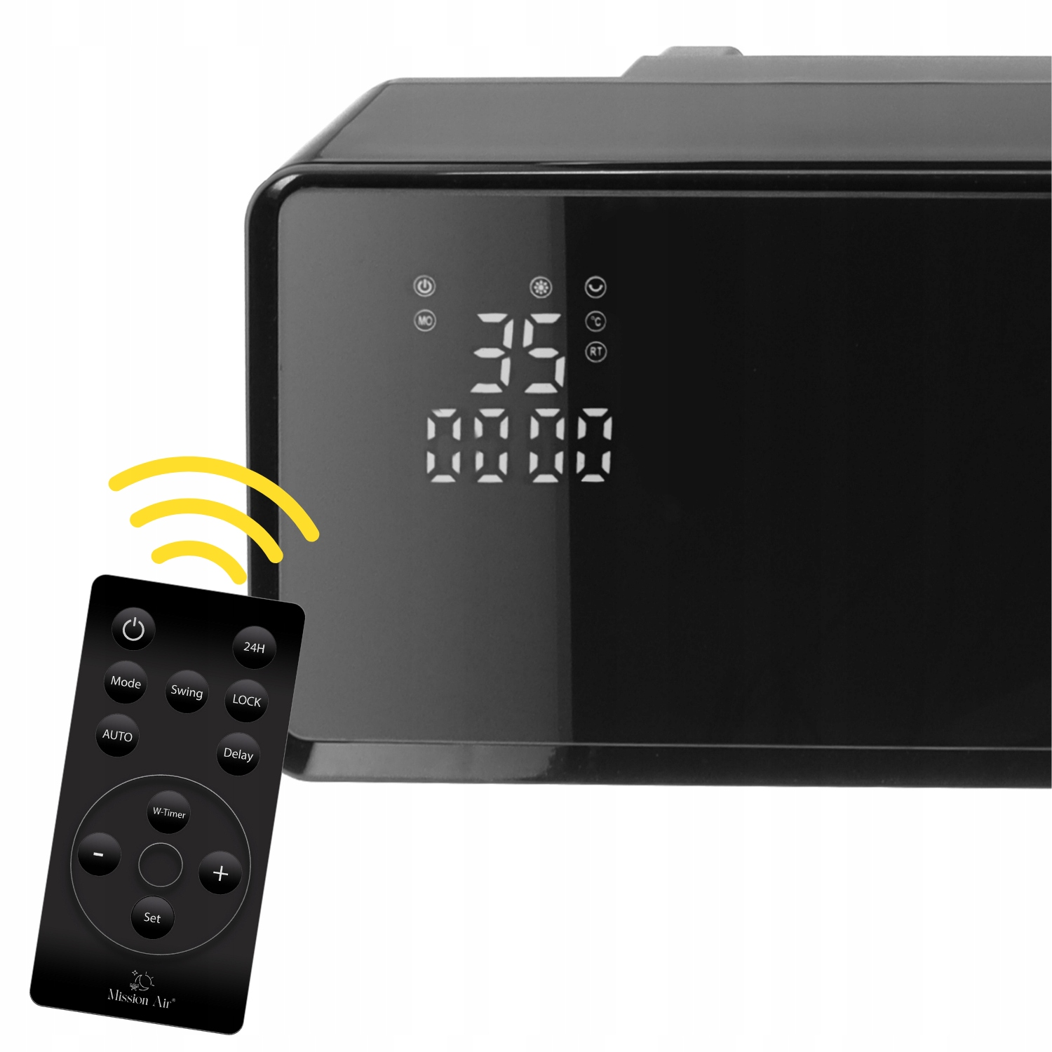 Czarna jednostka klimatyzacji z pilotem. Wyświetlacz pokazuje temperaturę. Pilot posiada kilka przycisków, w tym zasilanie i tryb.