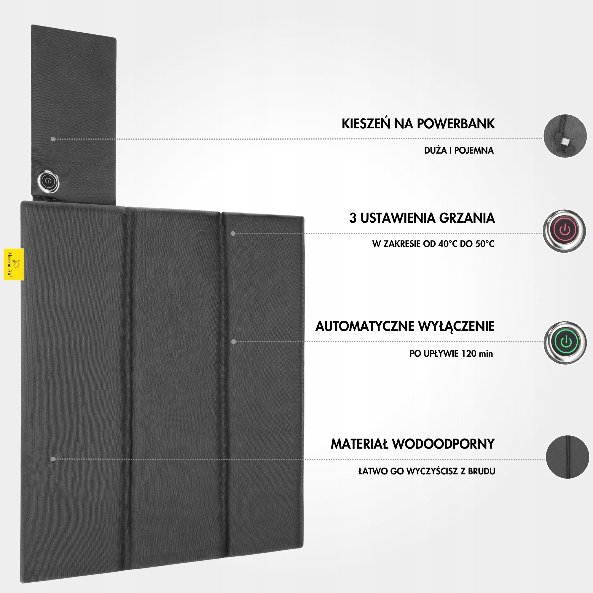 Ciemnoszara podkładka grzewcza z kieszenią na powerbank, 3 ustawieniami grzania, automatycznym wyłączaniem i wodoodpornym materiałem.