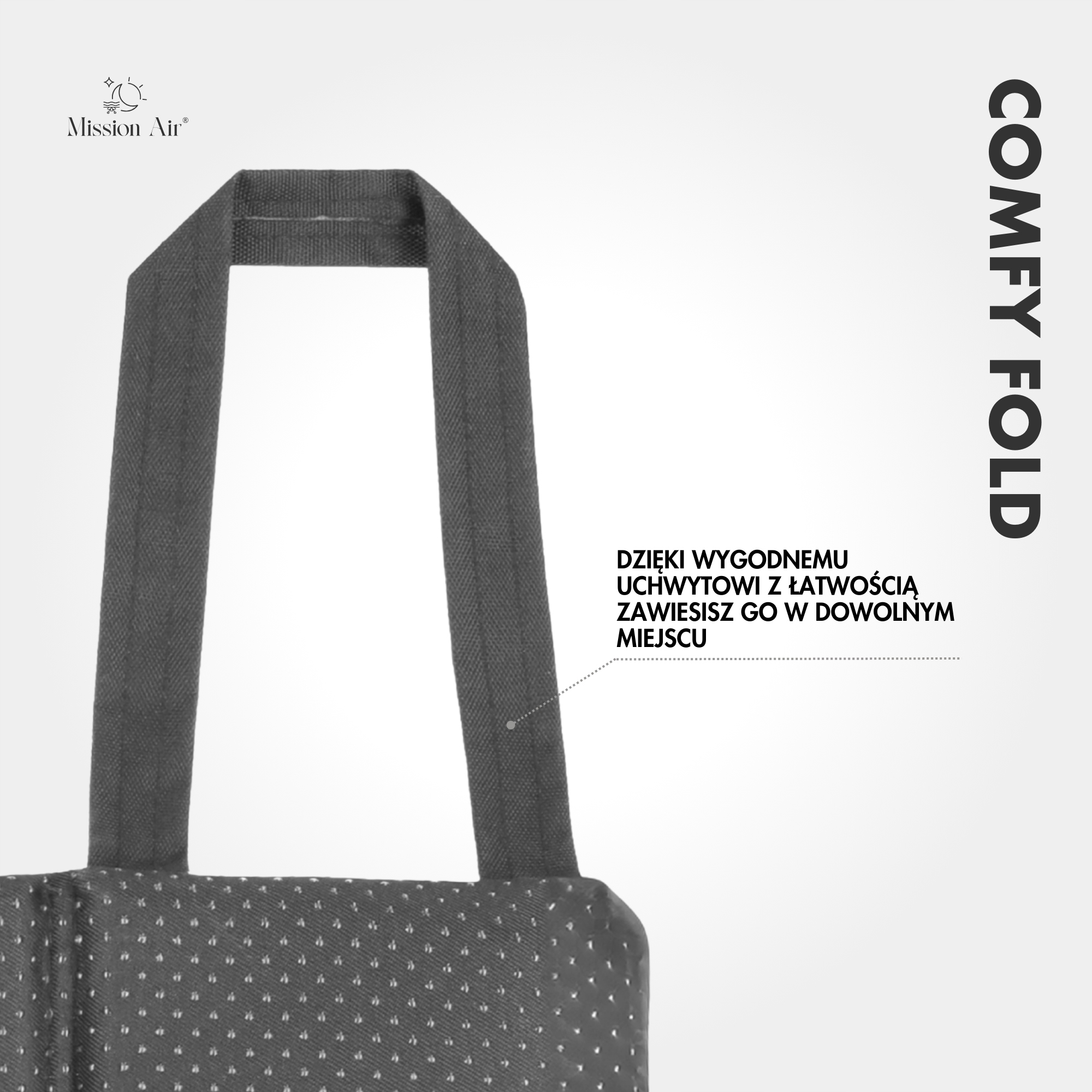 Ciemnoszara torba z białymi kropkami, uchwyt. Tekst: 'Comfy Fold'. Logo: księżyc, słońce. Tekst: łatwo zawiesić.