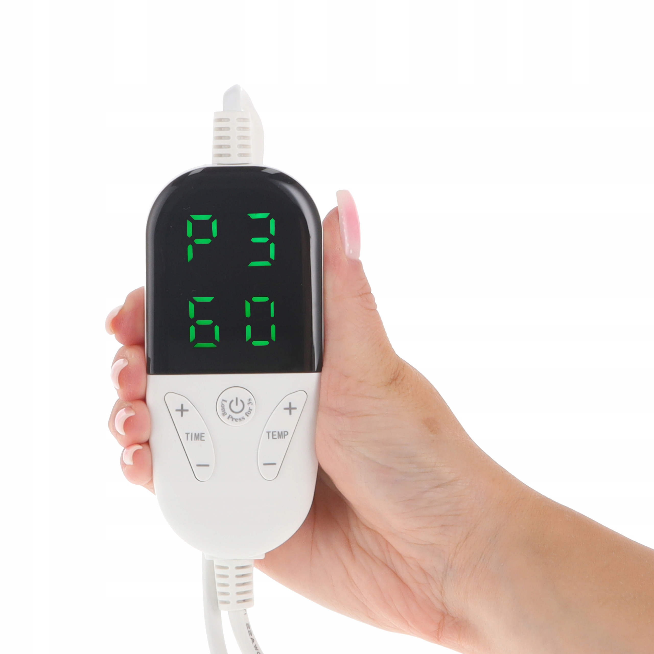 Dłoń trzyma biały panel sterowania z zielonymi P3 i 60, z przyciskami czasu i temperatury.