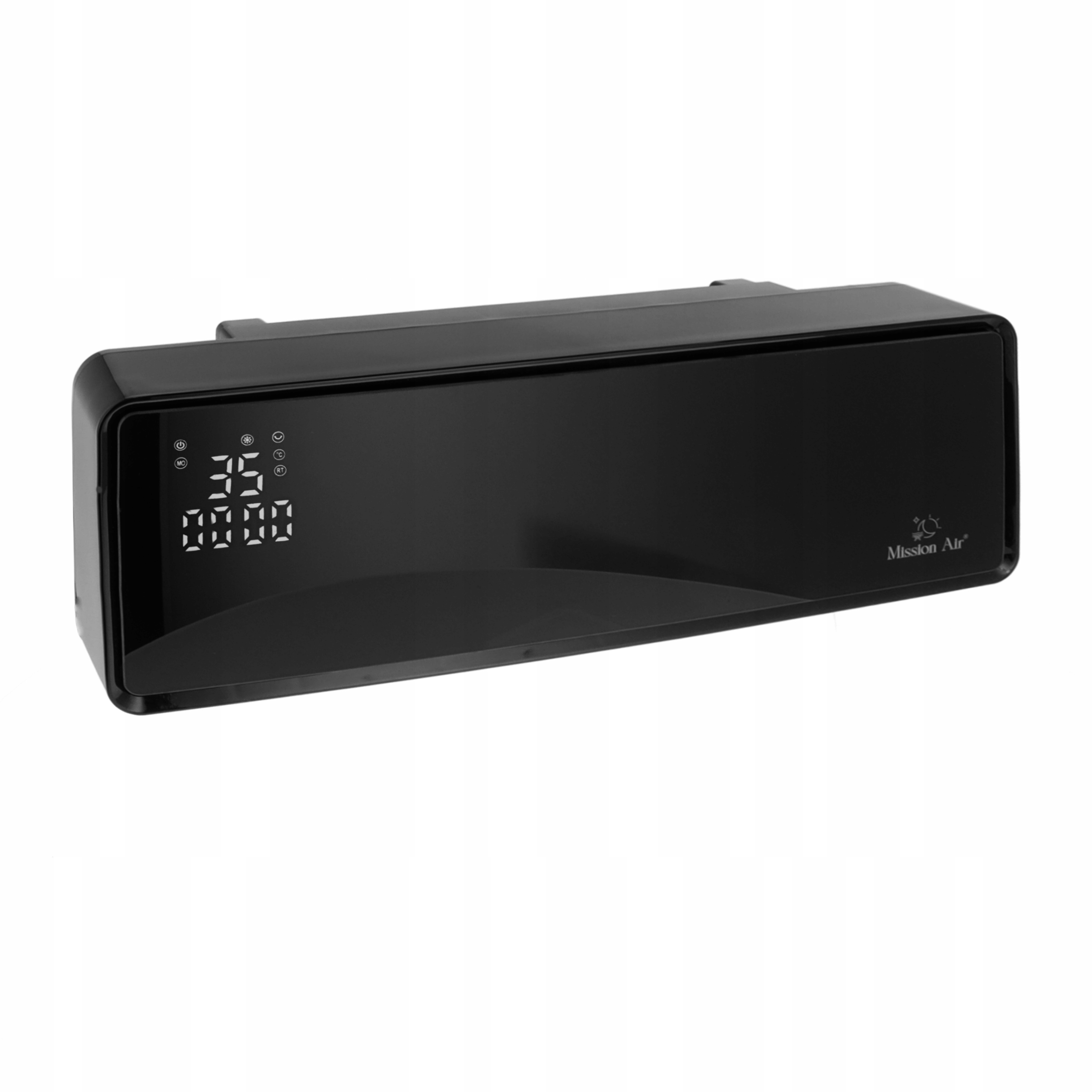 Czarny grzejnik Mission Air z cyfrowym wyświetlaczem pokazującym 35. Logo po prawej. Białe tło.