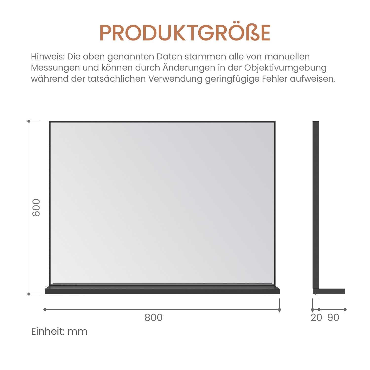 Diagramm mit Abmessungen eines rechteckigen Produkts: 800 mm breit, 600 mm hoch, mit einem 90 mm Seitenprofil und 20 mm Dicke.