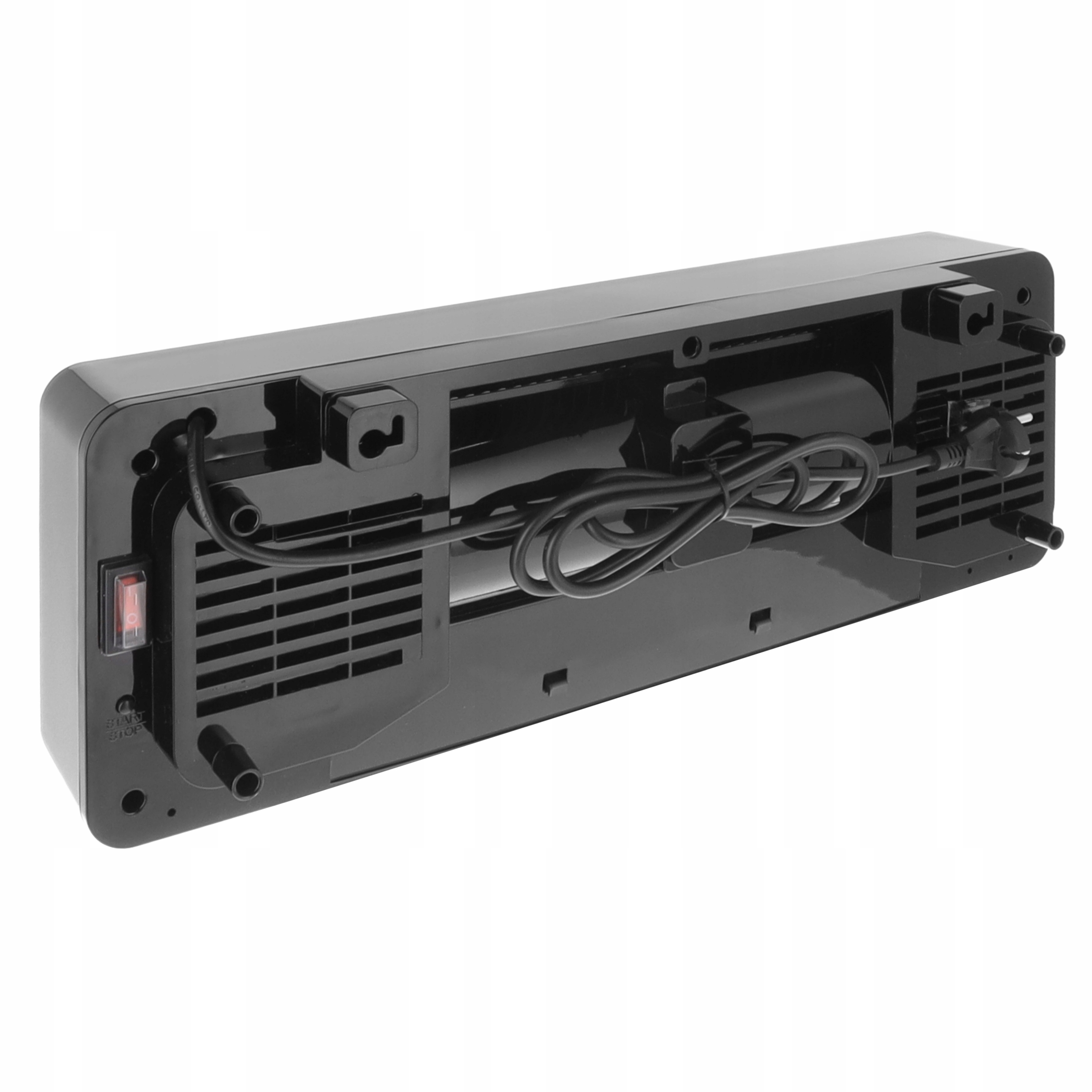 Czarne, prostokątne urządzenie z przewodem zasilającym, przełącznikiem i wentylacją. Widoczny tył.
