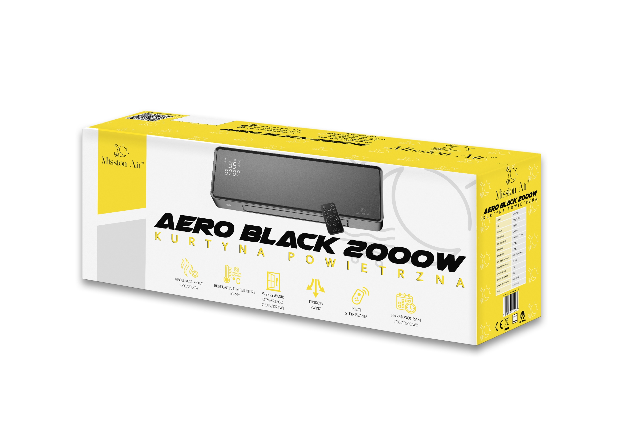 Pudełko do kurtyny powietrznej Aero Black 2000W. Jest czarne z białym tekstem i żółtymi akcentami.