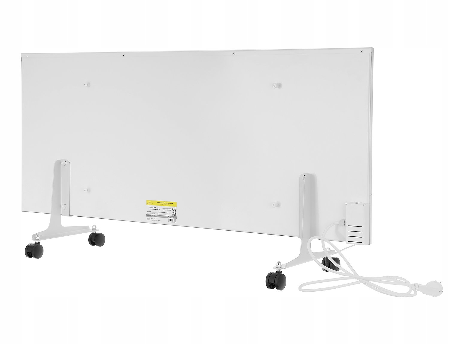 Biały grzejnik panelowy z kółkami. Posiada kabel zasilający i mały panel sterowania. Grzejnik znajduje się na białym tle.