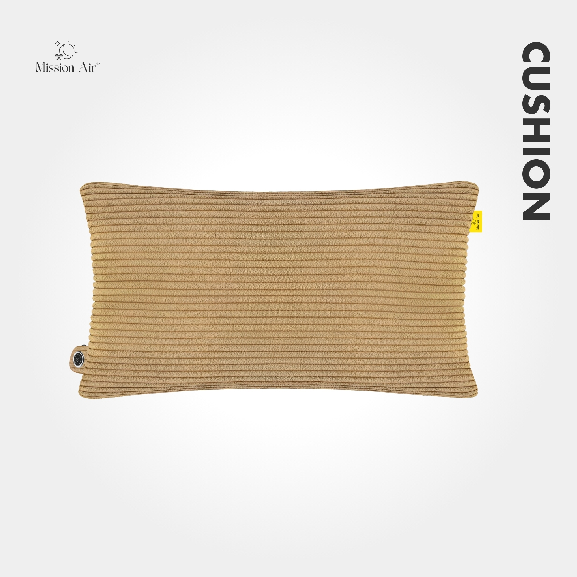 Beżowa poduszka sztruksowa z logo Mission Air i tekstem 'CUSHION' na białym tle.