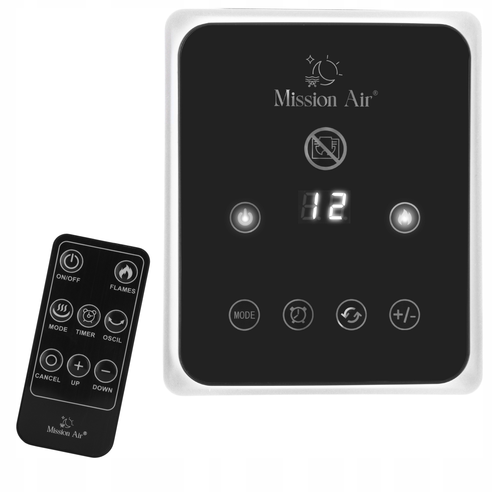 Panel sterowania i pilot Mission Air. Panel ma wyświetlacz i przyciski. Pilot ma przyciski włącz/wyłącz i trybu.