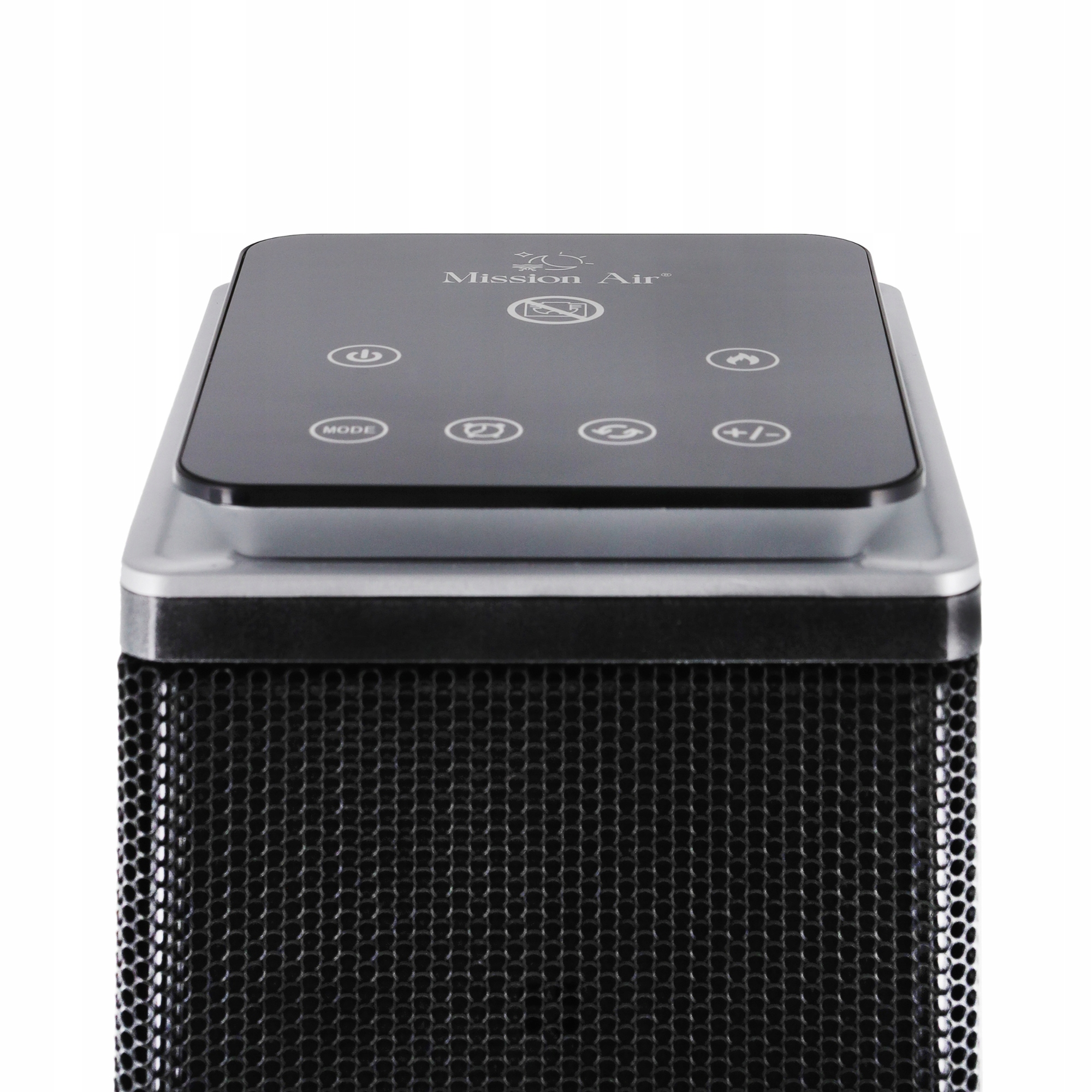 Zbliżenie czarnego oczyszczacza powietrza z panelem sterowania. Ma siatkowy przód i błyszczącą czarną górę z ikonami sterowania.