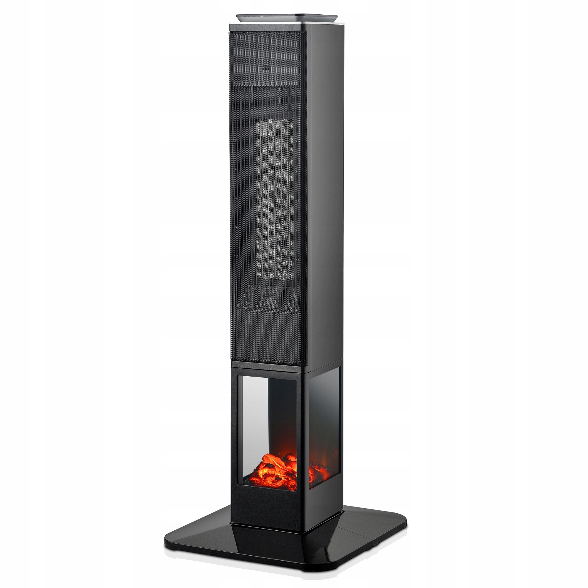 Czarny kominek elektryczny z efektem płomienia. Na górze ma wysoki grzejnik pokryty siatką.