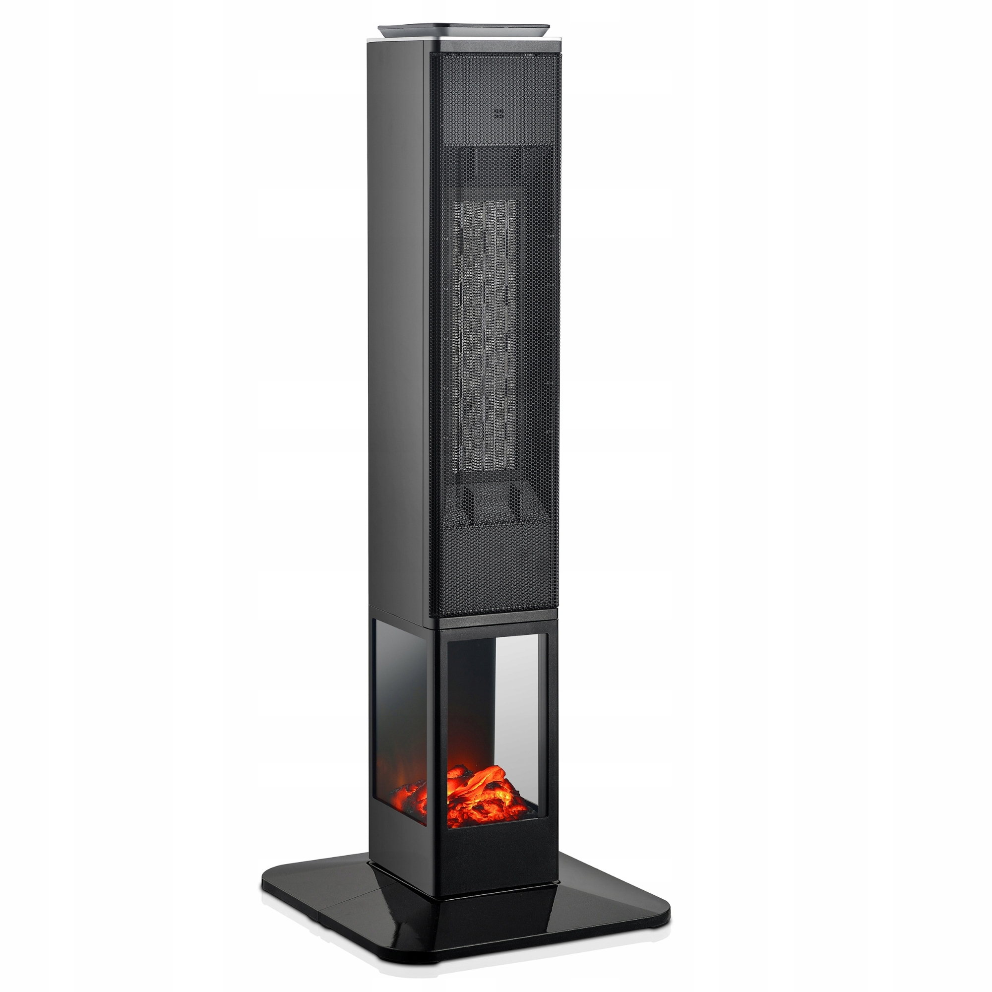 Czarny kominek elektryczny. Ma wysoki, siatkowy przód z fałszywym wyświetlaczem ognia u podstawy na czarnej podstawie.