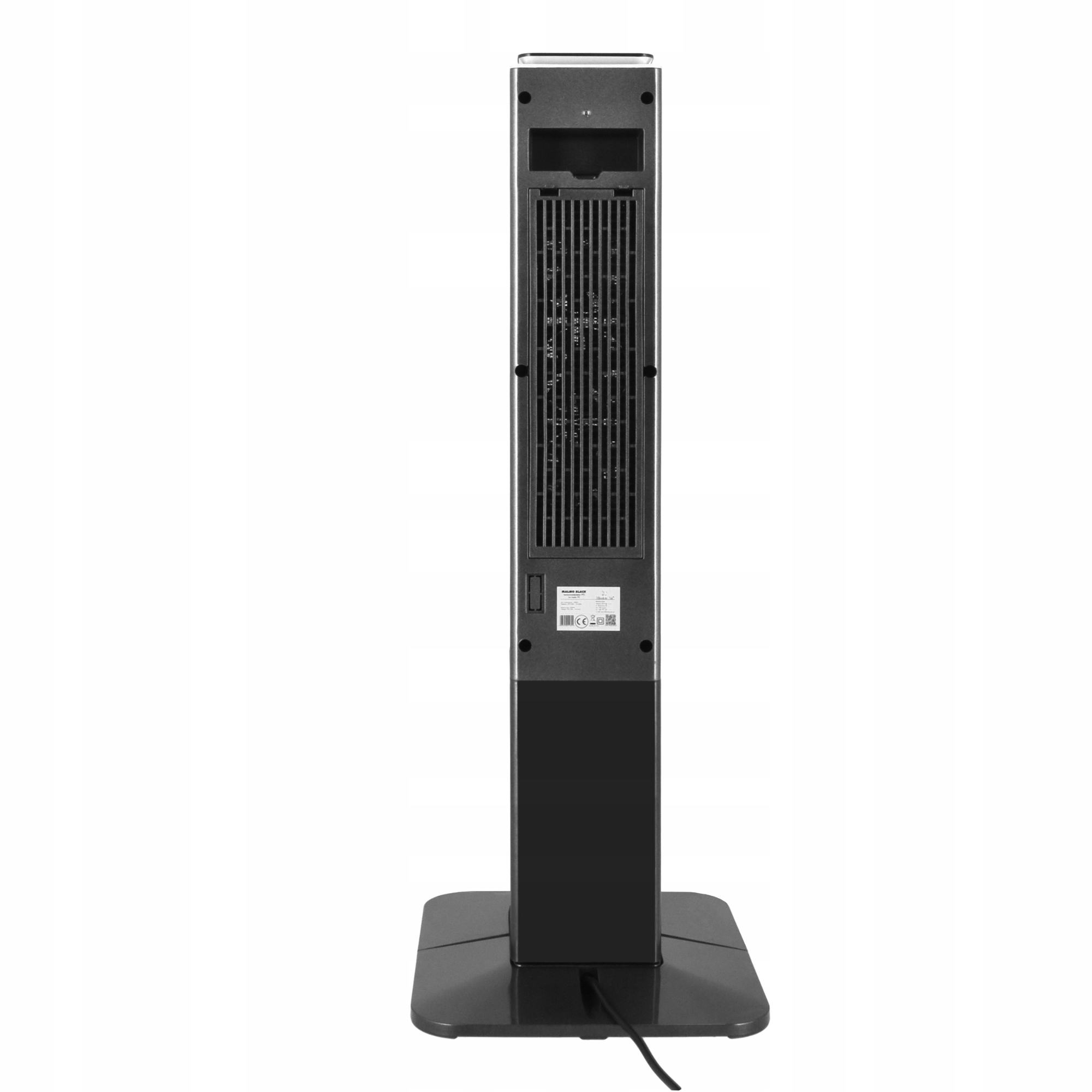 Czarny grzejnik elektryczny na białym tle. Ma wysoki, wąski korpus i kwadratową podstawę.