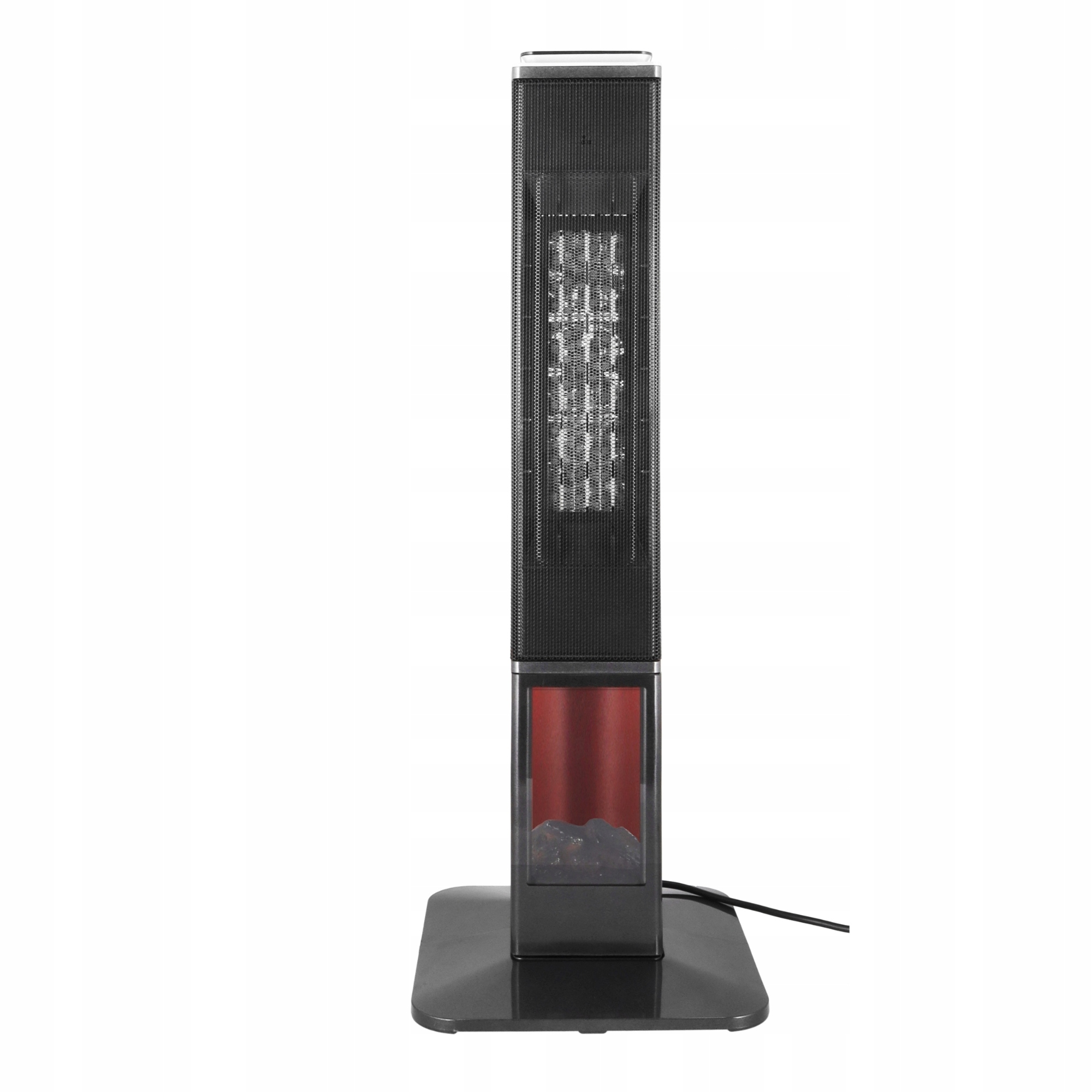 Czarny elektryczny grzejnik kominkowy na białym tle. Ma siatkowy przód, czerwone wnętrze i czarną podstawę z przewodem zasilającym.