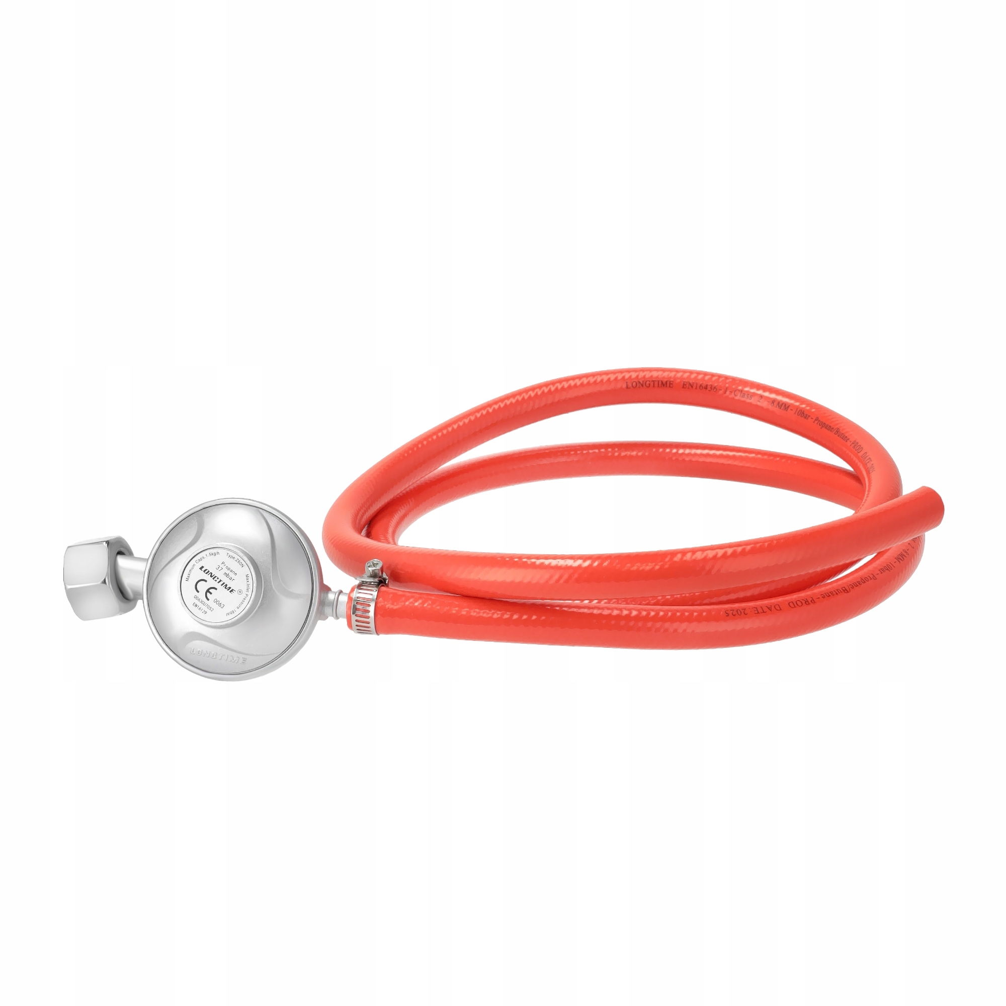 Regulator gazu ze srebrnym korpusem i czerwonym wężem. Szczegóły: nazwa marki i specyfikacje.