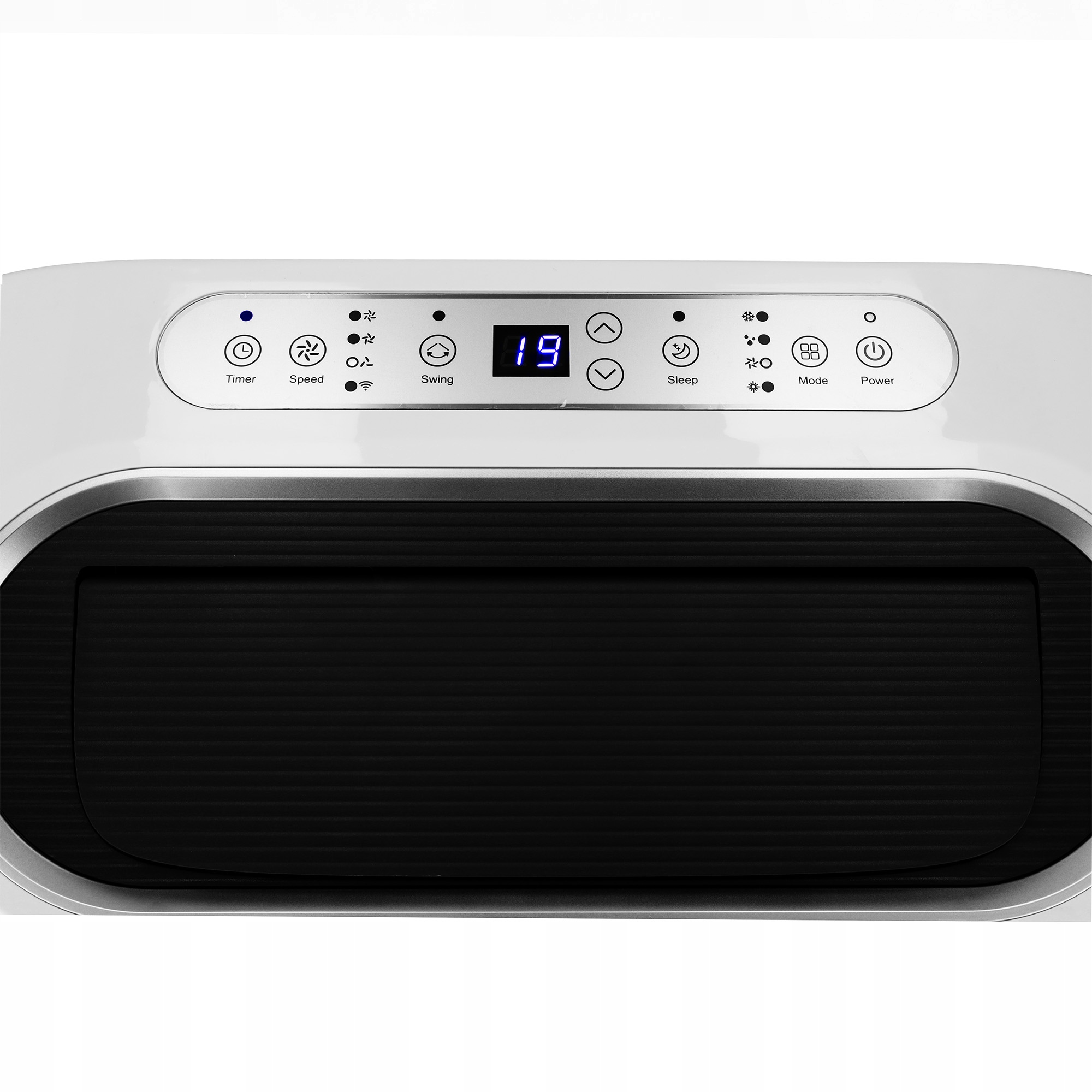 Biały panel sterowania klimatyzacją. Przyciski timera, prędkości, obrotu, uśpienia, trybu i zasilania. Wyświetla '19'.