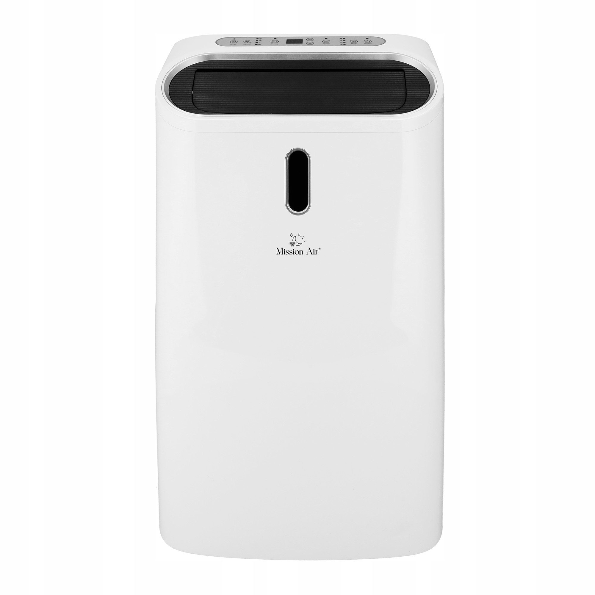 Biały oczyszczacz powietrza z czarnym blatem i wentylacją. Przyciski na górze. Logo Mission Air.