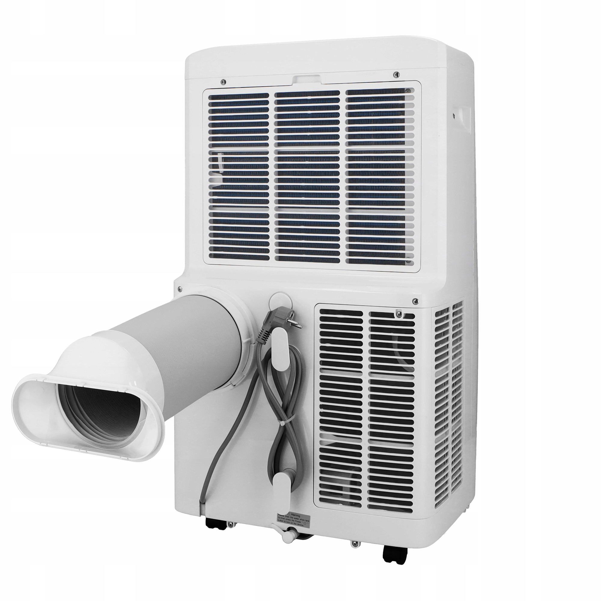 Biała przenośna klimatyzacja z szarym wężem wydechowym. Tył pokazuje otwory wentylacyjne, przewód zasilający i kółka.