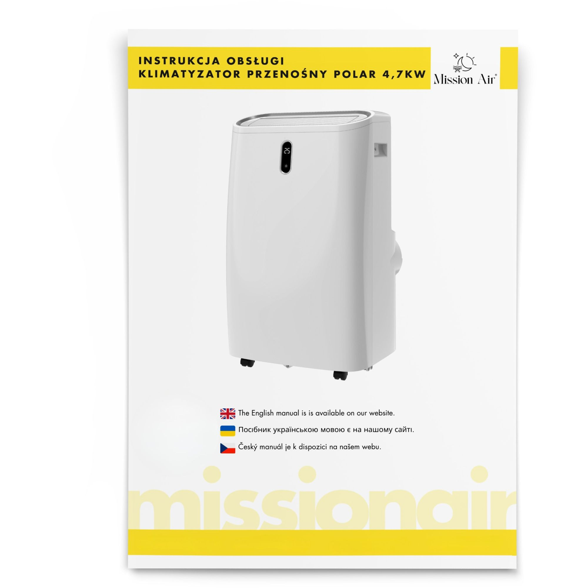 Biały przenośny klimatyzator. Żółty tekst: instrukcja obsługi. Marka: Mission Air. Dostępne instrukcje w języku angielskim, ukraińskim i czeskim.