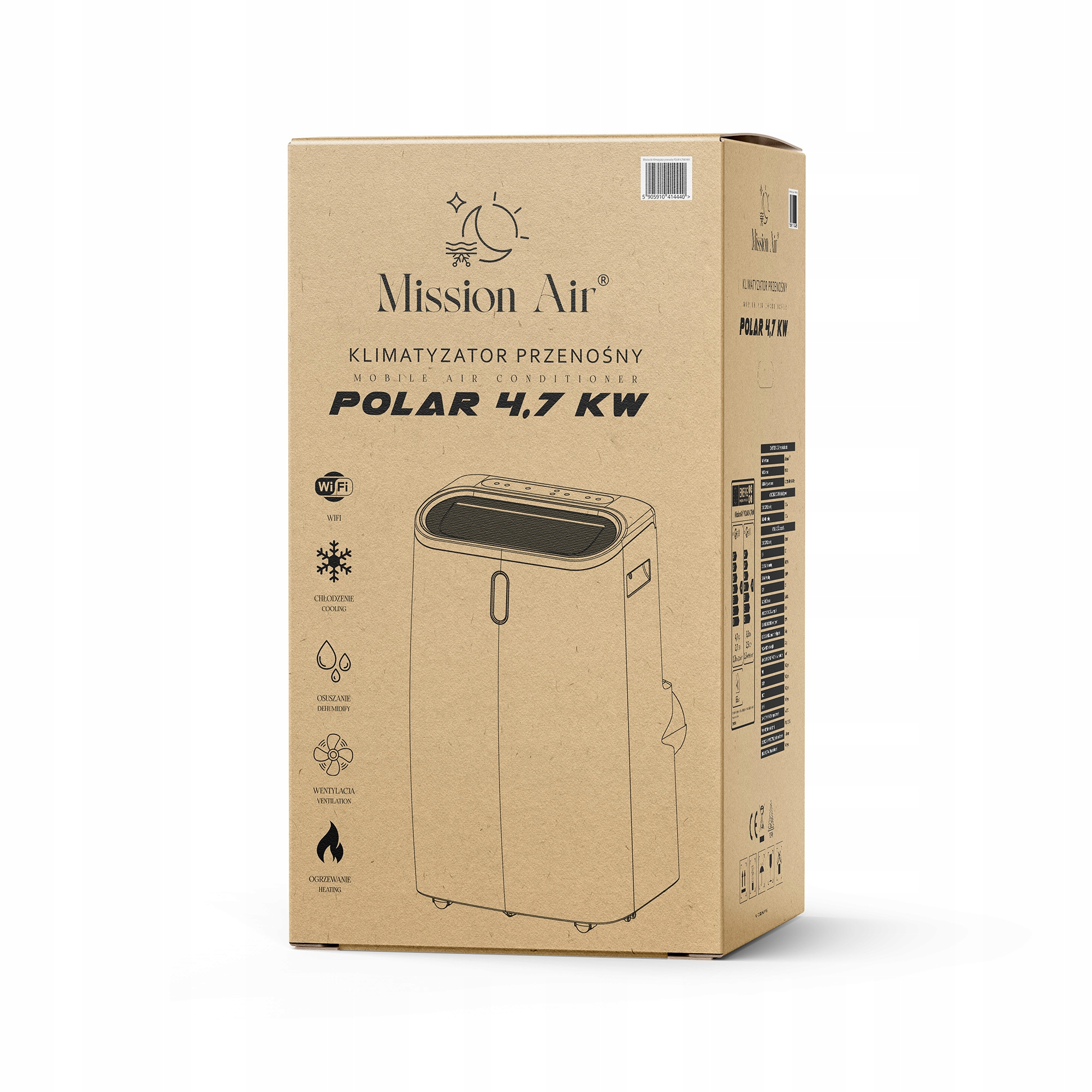 Kartonowe pudełko z grafiką klimatyzatora. Tekst zawiera 'Mission Air', 'POLAR 4,7 KW' oraz ikony chłodzenia i WiFi.