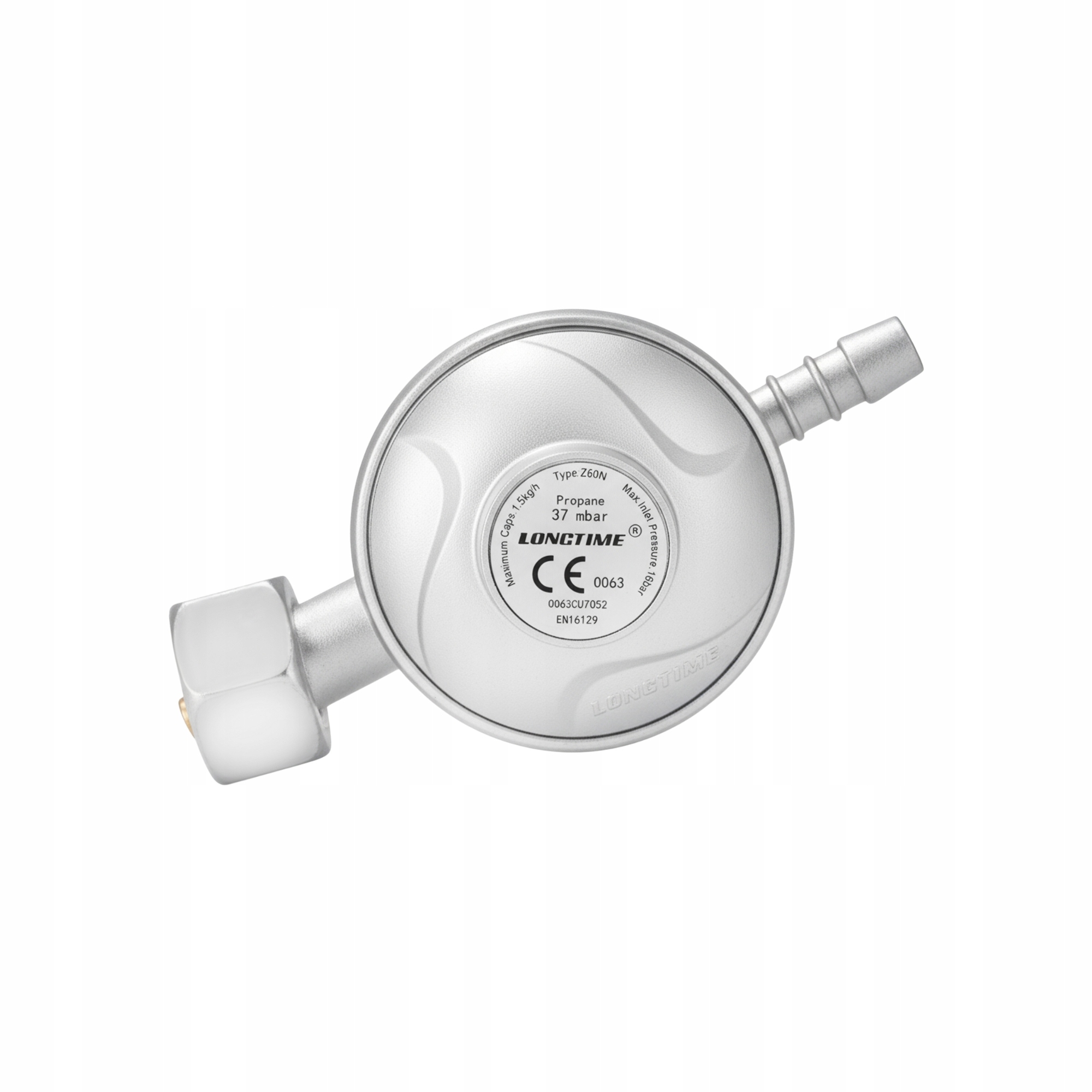 Srebrny regulator gazu propan z okrągłym korpusem, złączem węża i nakrętką. Zawiera tekst wskazujący ciśnienie i producenta.