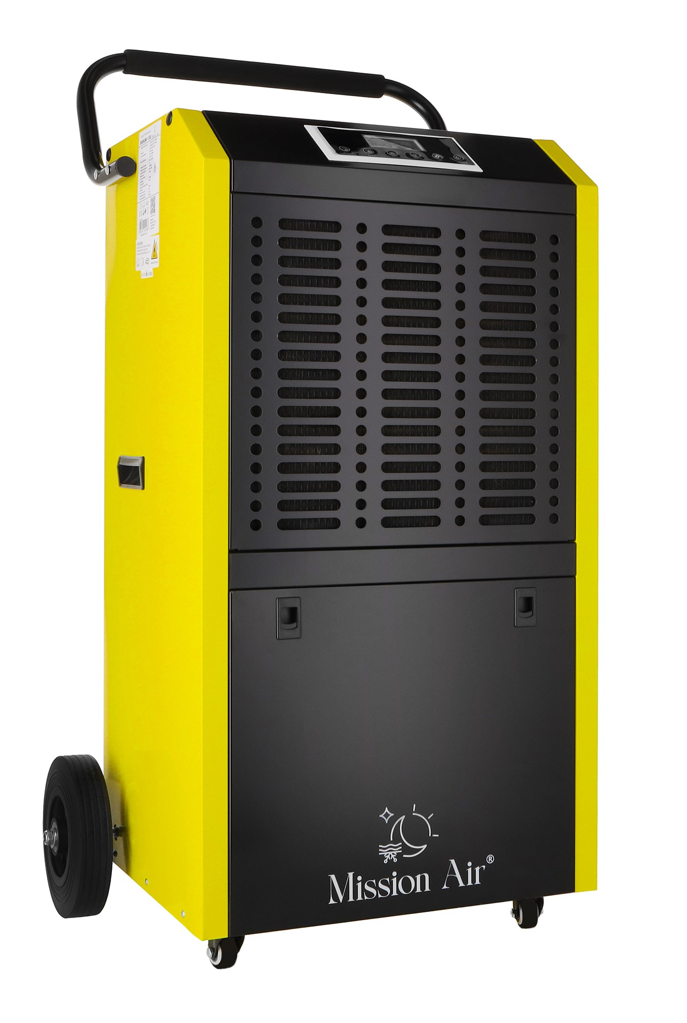 Żółty i czarny osuszacz powietrza Mission Air. Posiada uchwyt, panel sterowania i kółka. Przód ma otwory wentylacyjne.