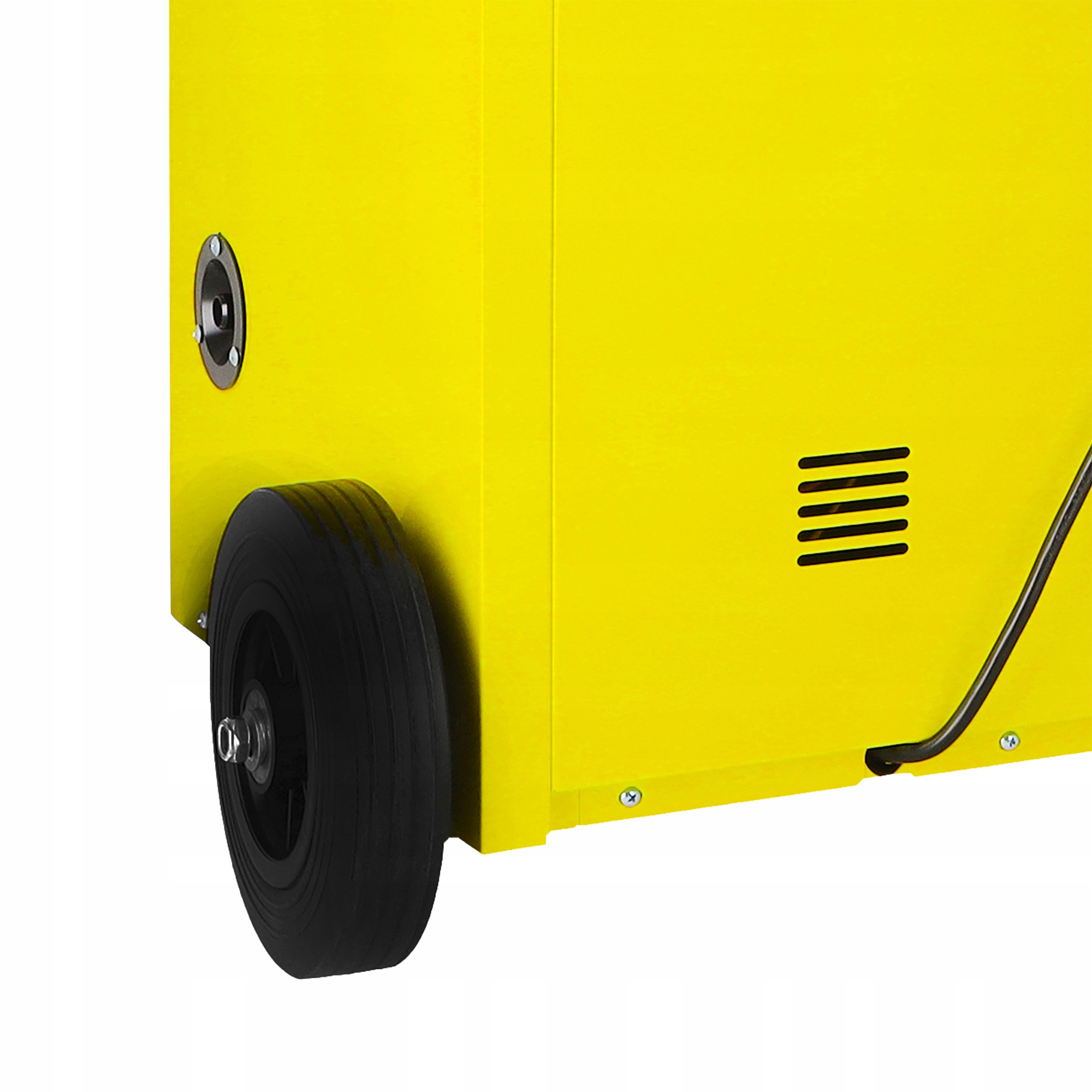 Żółta maszyna z czarnym kołem, otworem wentylacyjnym i okrągłym wlotem. Widoczny jest uchwyt.