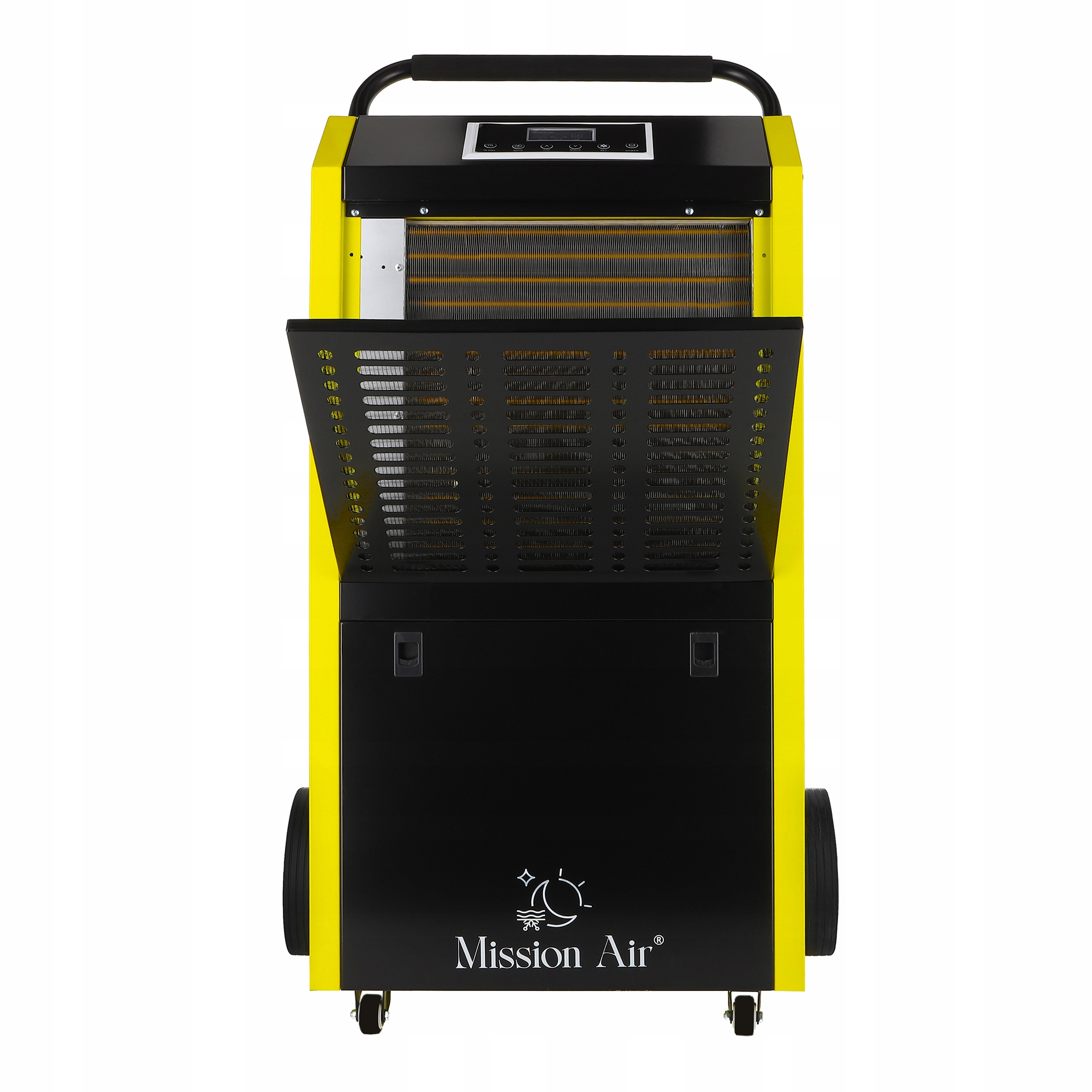 Żółty i czarny osuszacz powietrza z uchwytem, panelem sterowania i kołami na białym tle.