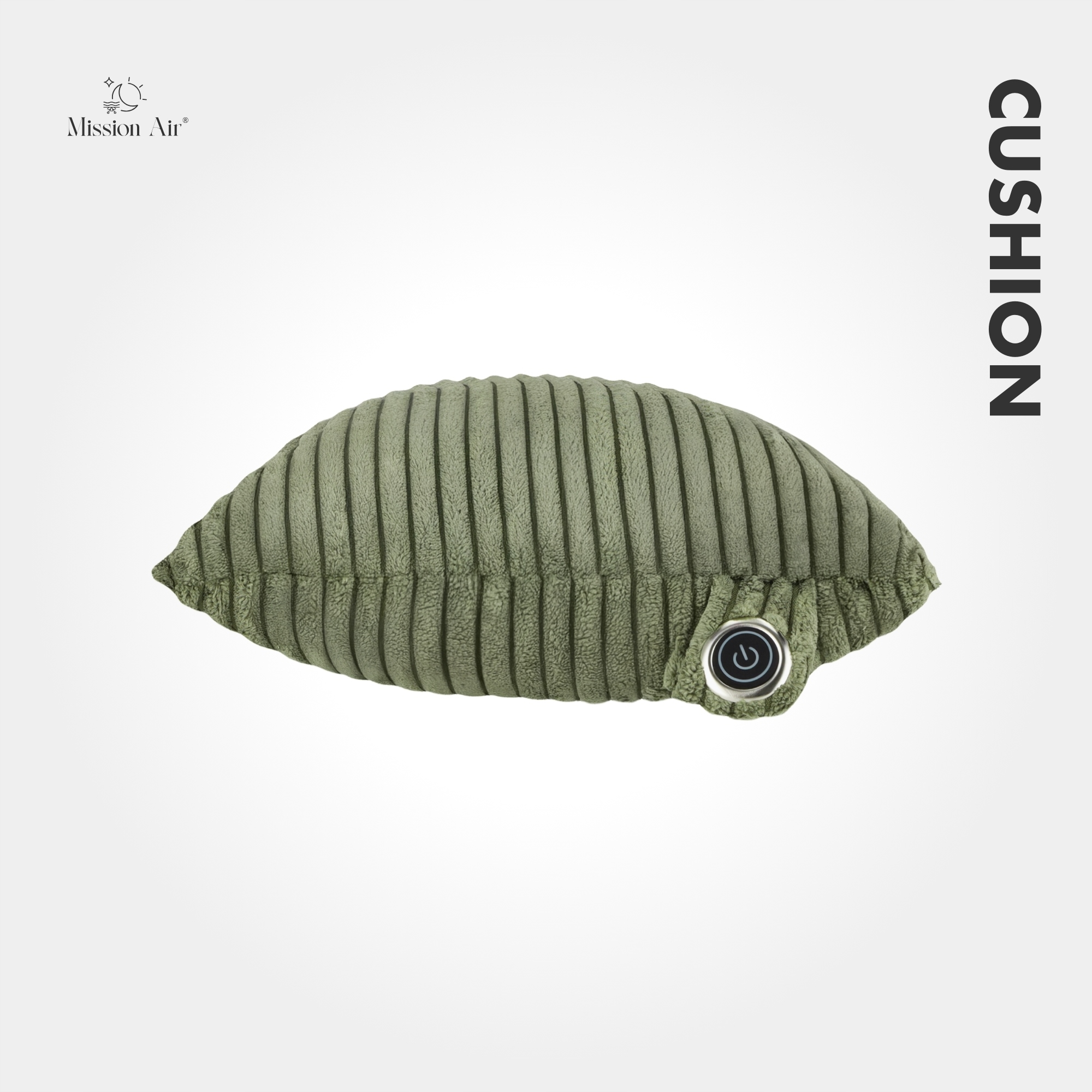 Zielona poduszka sztruksowa z przyciskiem zasilania. Słowo 'CUSHION' jest napisane pionowo po prawej stronie.