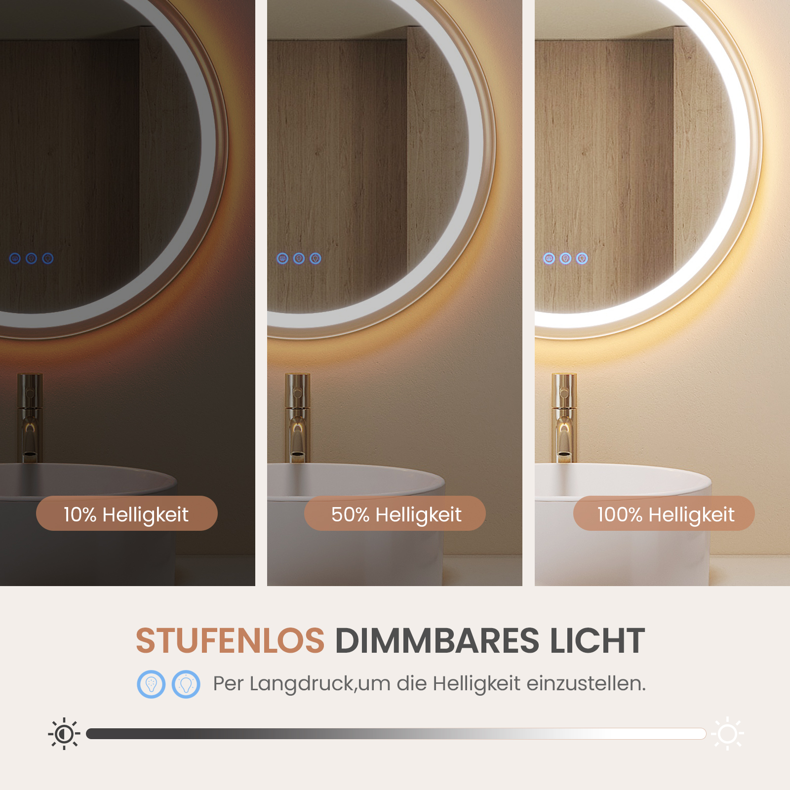 Das Bild zeigt einen Badezimmerspiegel mit verschiedenen Lichteinstellungen. Der Spiegel hat Touch-Bedienelemente zur Helligkeitseinstellung.