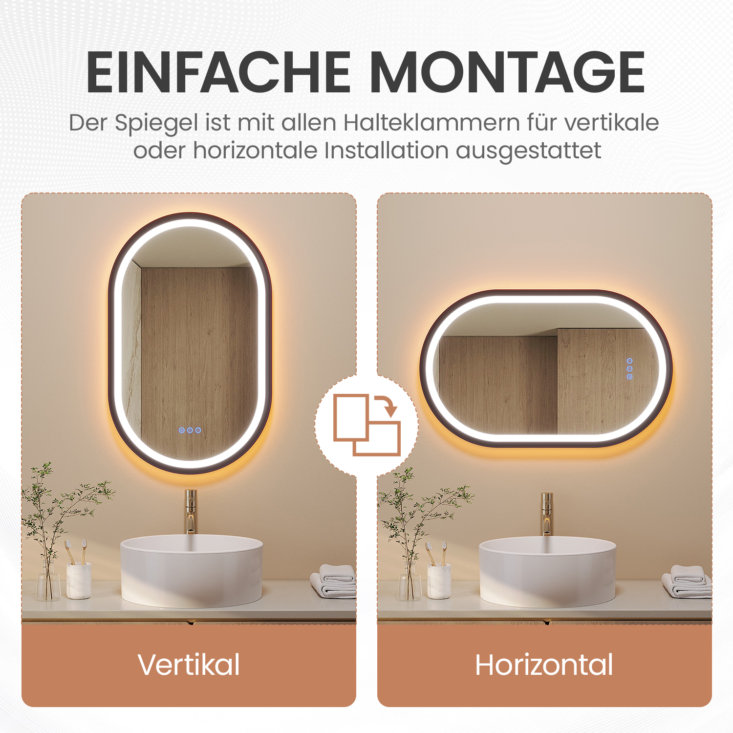 Das Bild zeigt zwei Spiegel, einen vertikalen und einen horizontalen, über weißen Waschbecken. Der Text erwähnt einfache Installation.