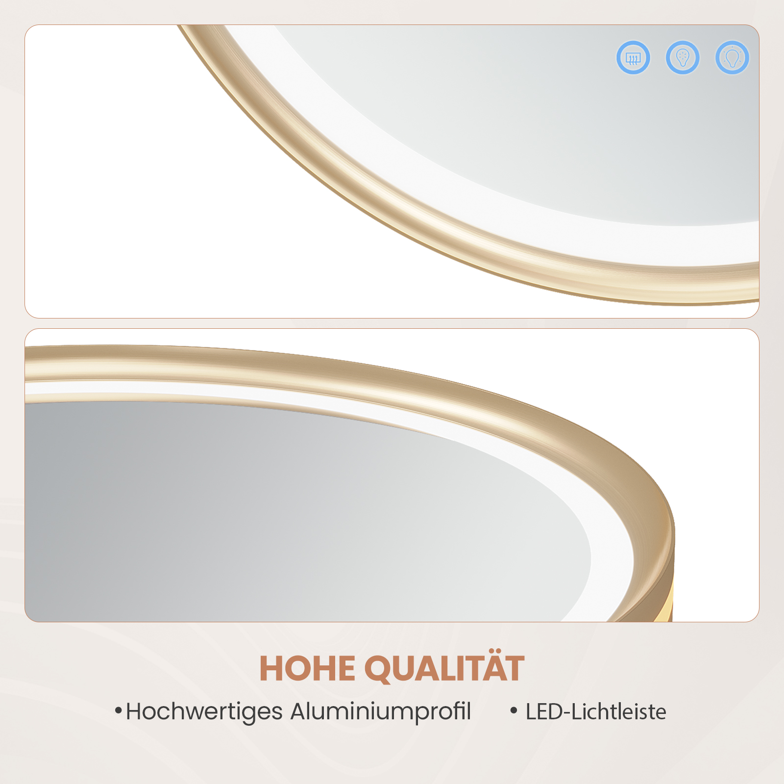Nahaufnahme einer goldfarbenen, kreisförmigen Leuchte. Der Text lautet 'Hohe Qualität' und listet Merkmale wie 'Aluminiumprofil'.