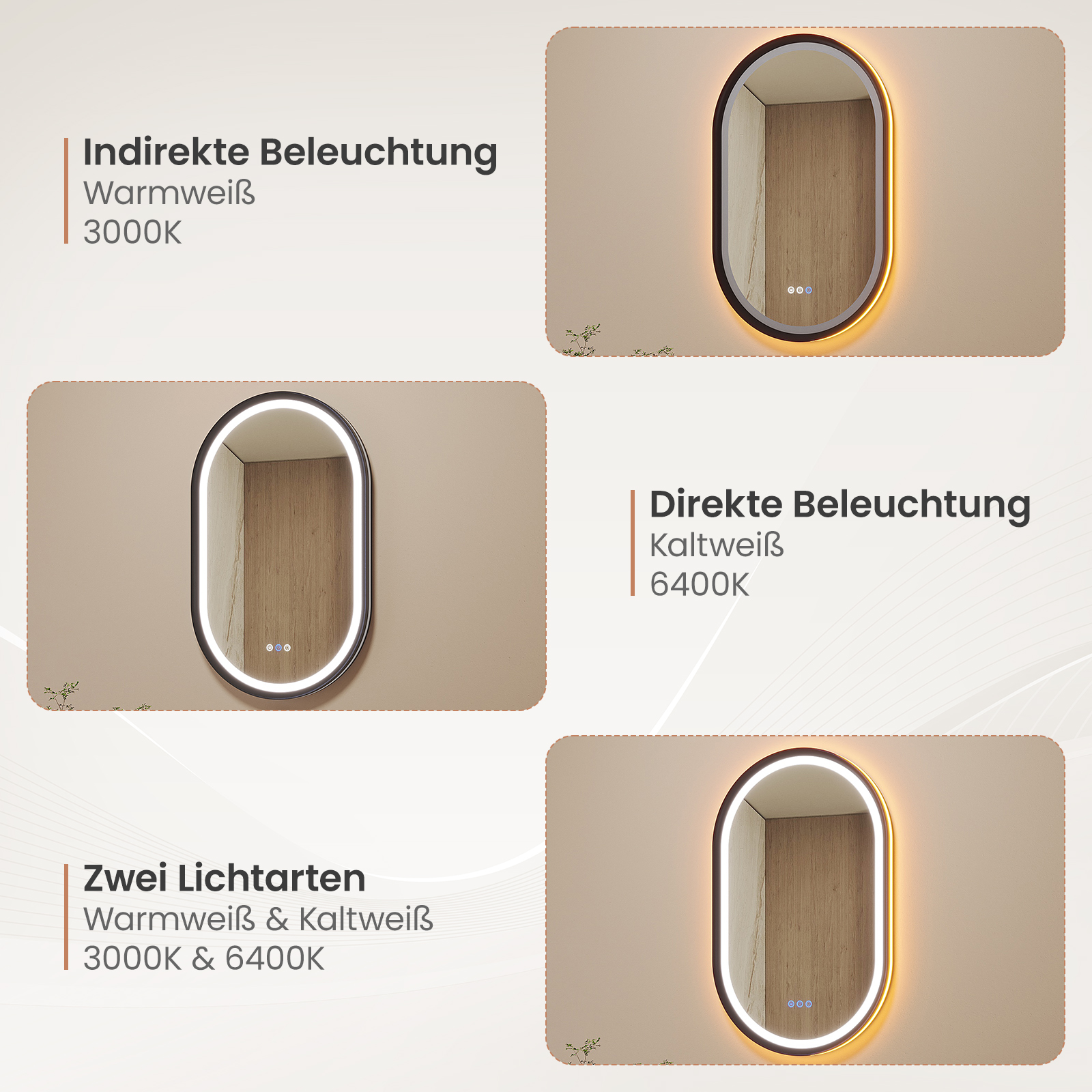 Das Bild zeigt drei beleuchtete ovale Spiegel mit verschiedenen Beleuchtungsoptionen an einer beigen Wand.